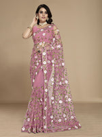 Light Pink Soft Net Designer Multy Thread Embroidery Work Smart Partywear Saree