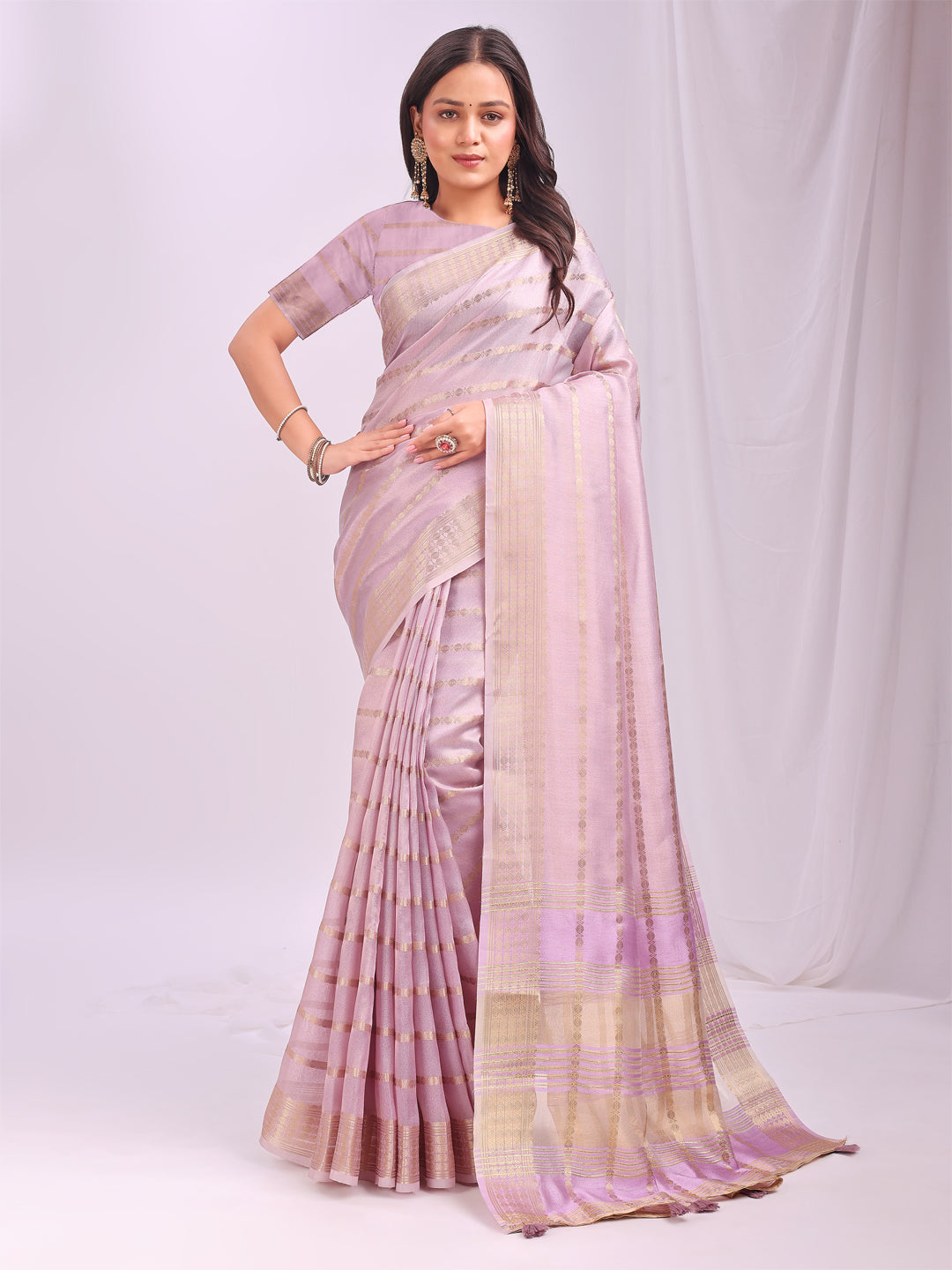 Light Pink Woven Zari Designer Ethnic Organza Saree