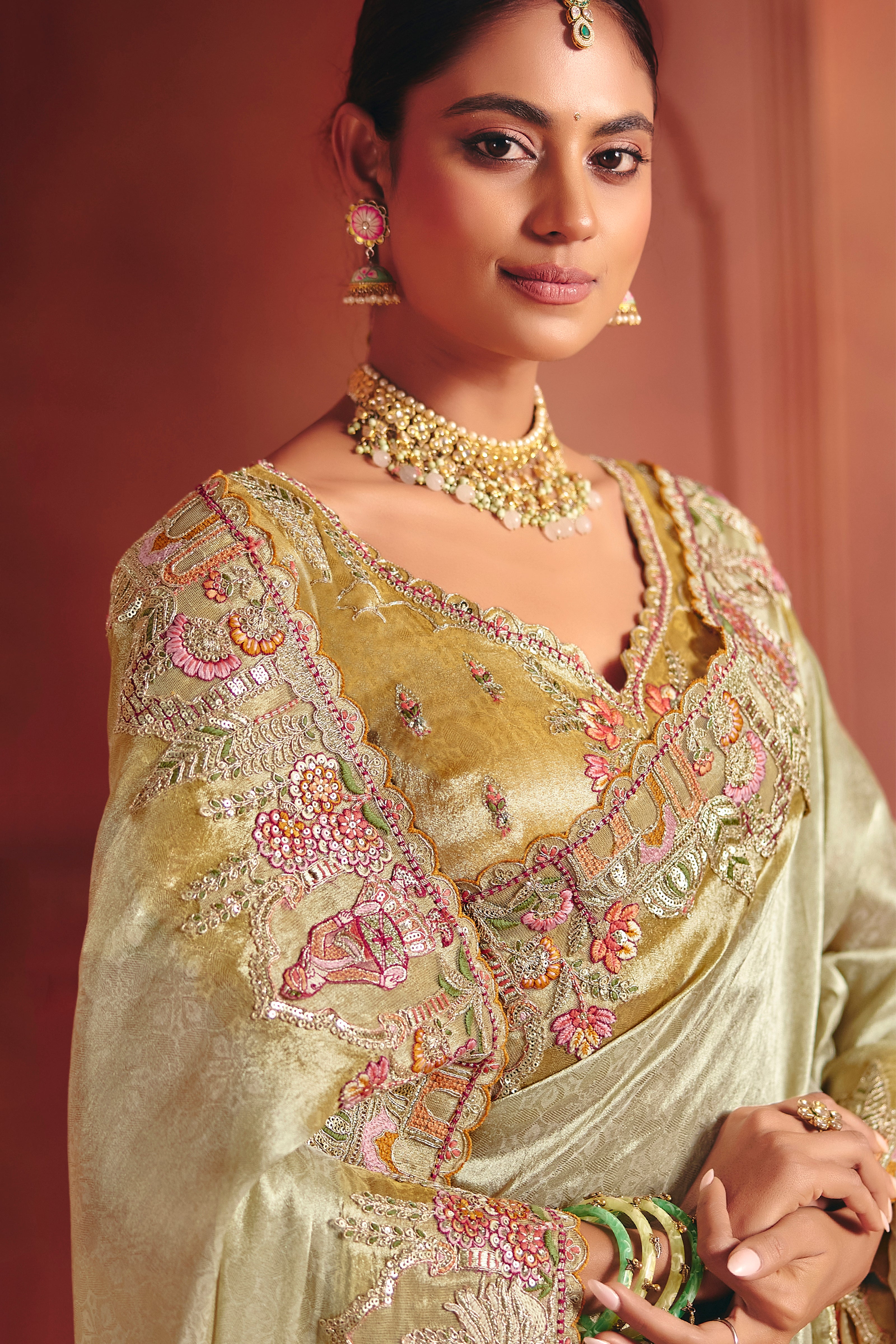 Light Pista Saree With  Sequin, Thread, Weaving Heavy Embroidery Work  With Heavy Embroidery Work Blouse