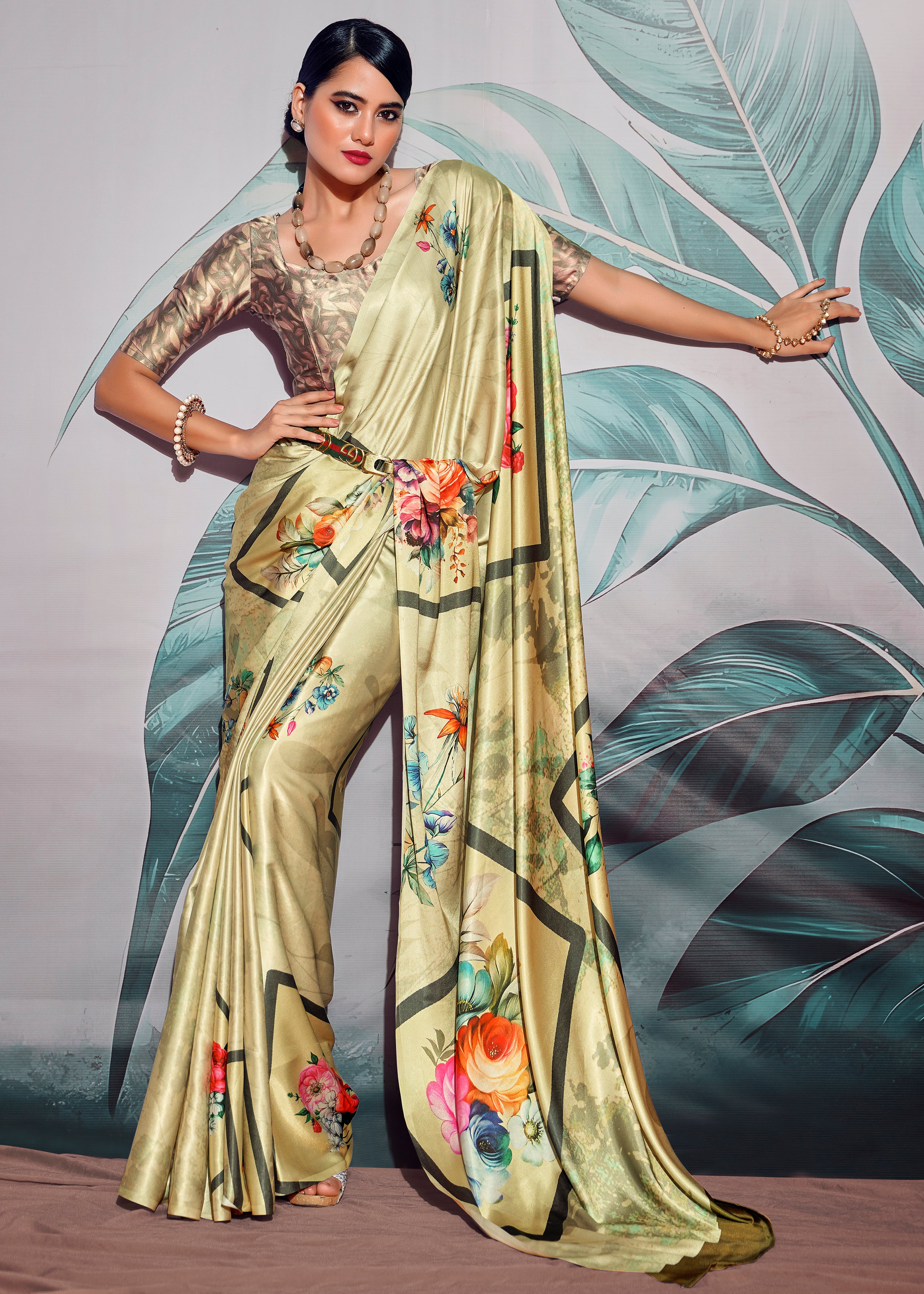 Light Pista Satin Crepe Saree With Digital Print