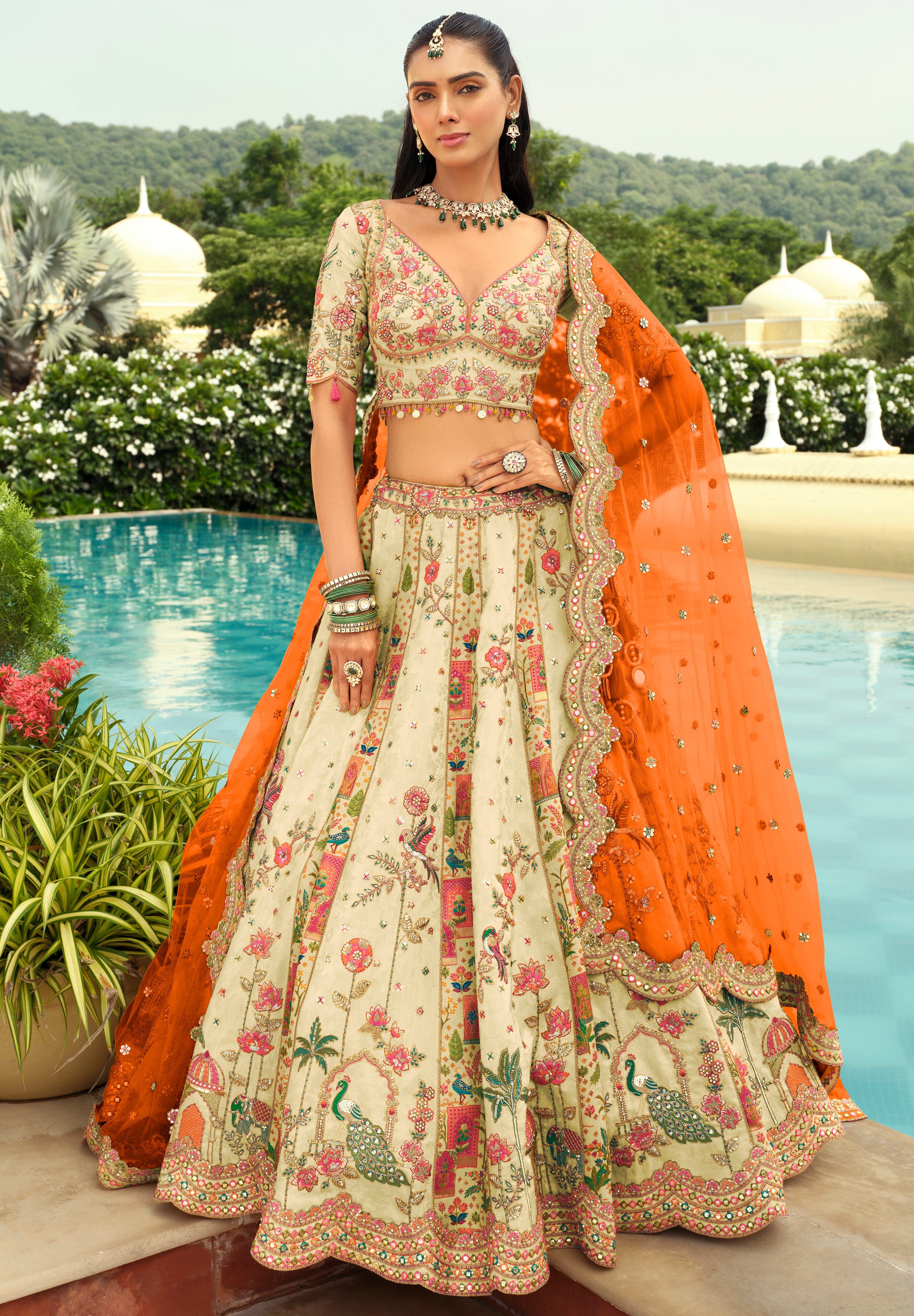 Light Pista Silk Readymade Lehenga Choli With Heavy Thread Embroidery, Sequence, Border Weaving, Art Mirror and Cut Work
