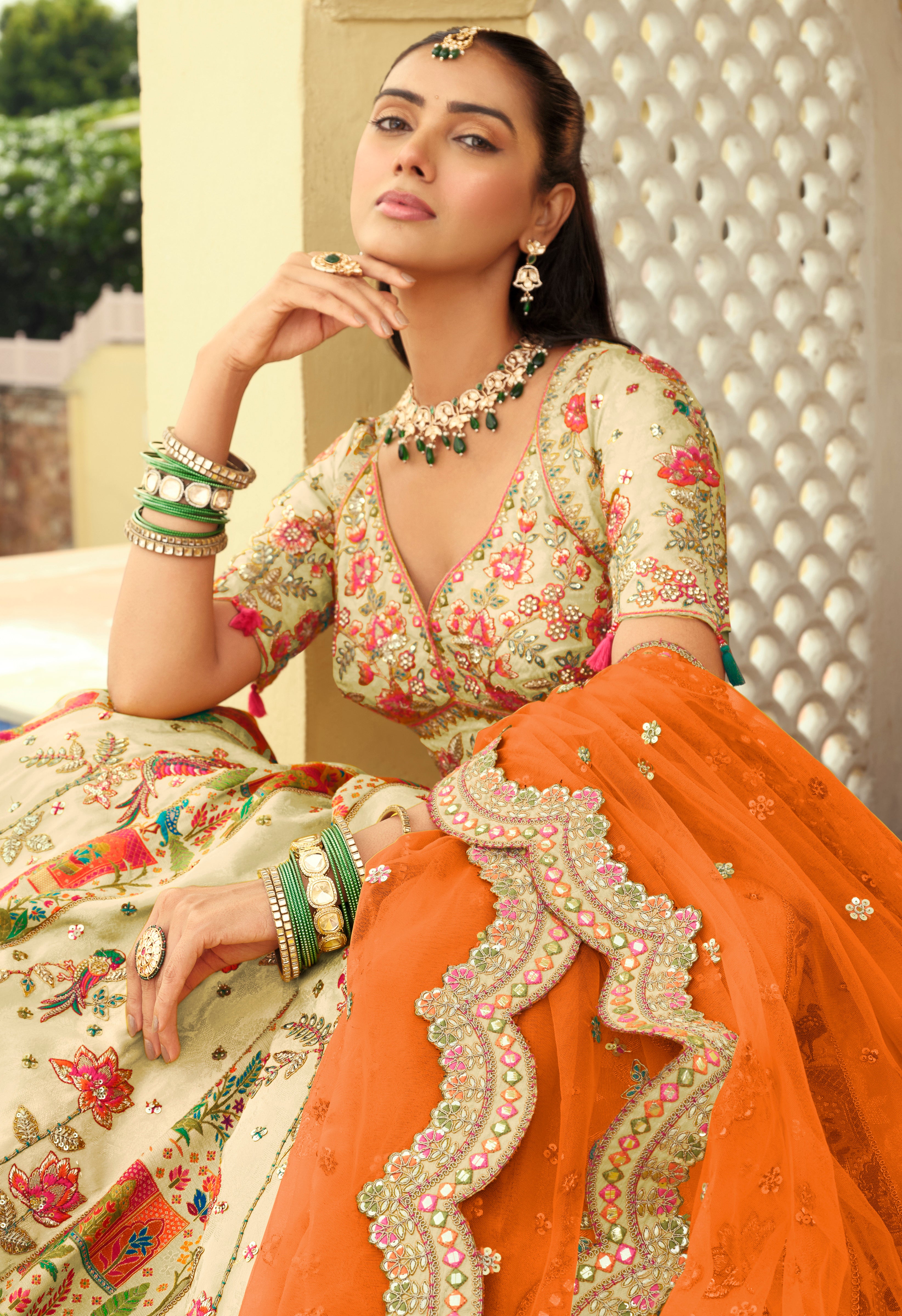 Light Pista Silk Readymade Lehenga Choli With Heavy Thread Embroidery, Sequence, Border Weaving, Art Mirror and Cut Work