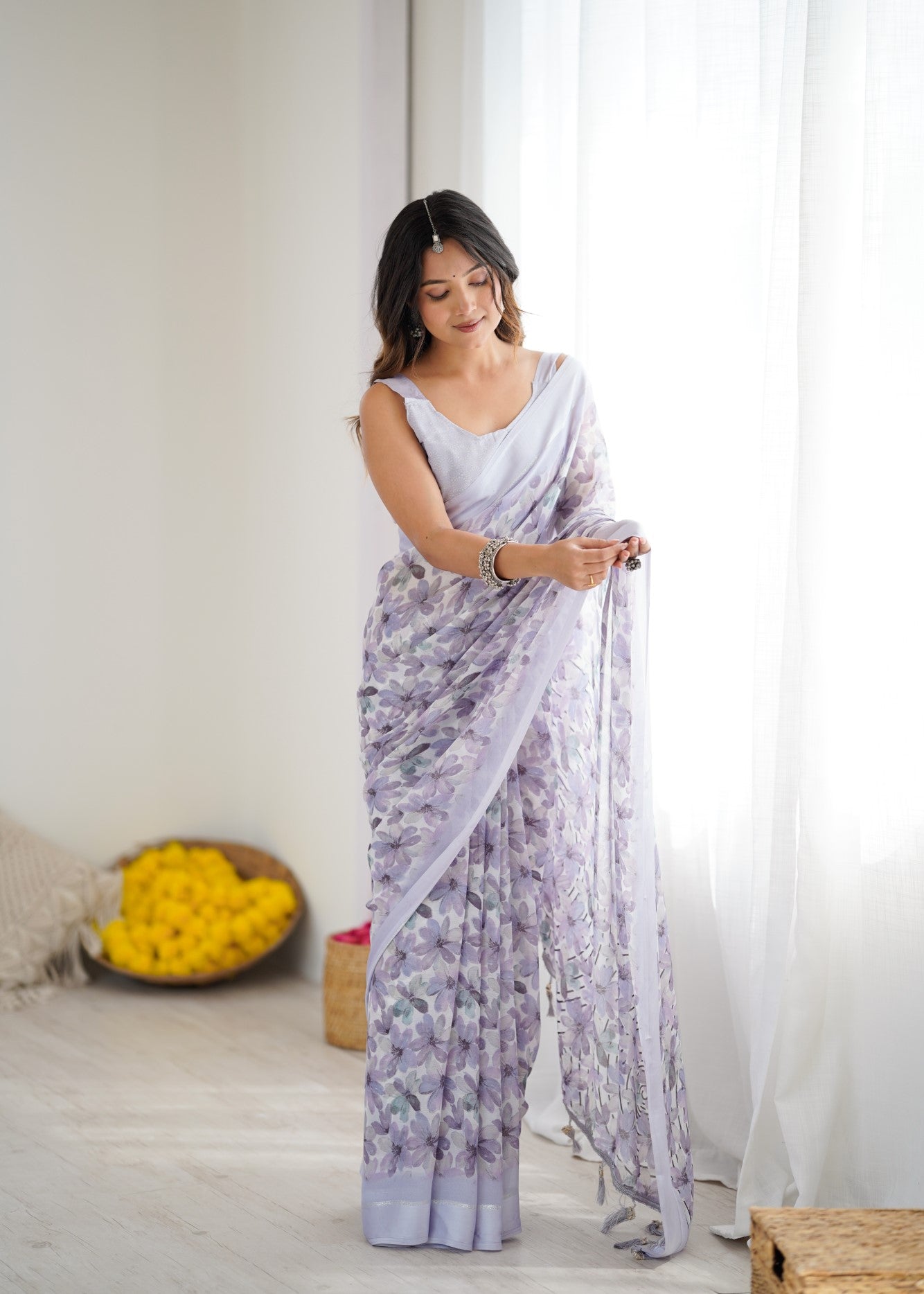 Light Purple Bright Moss Satin Patta Saree With Printed Design