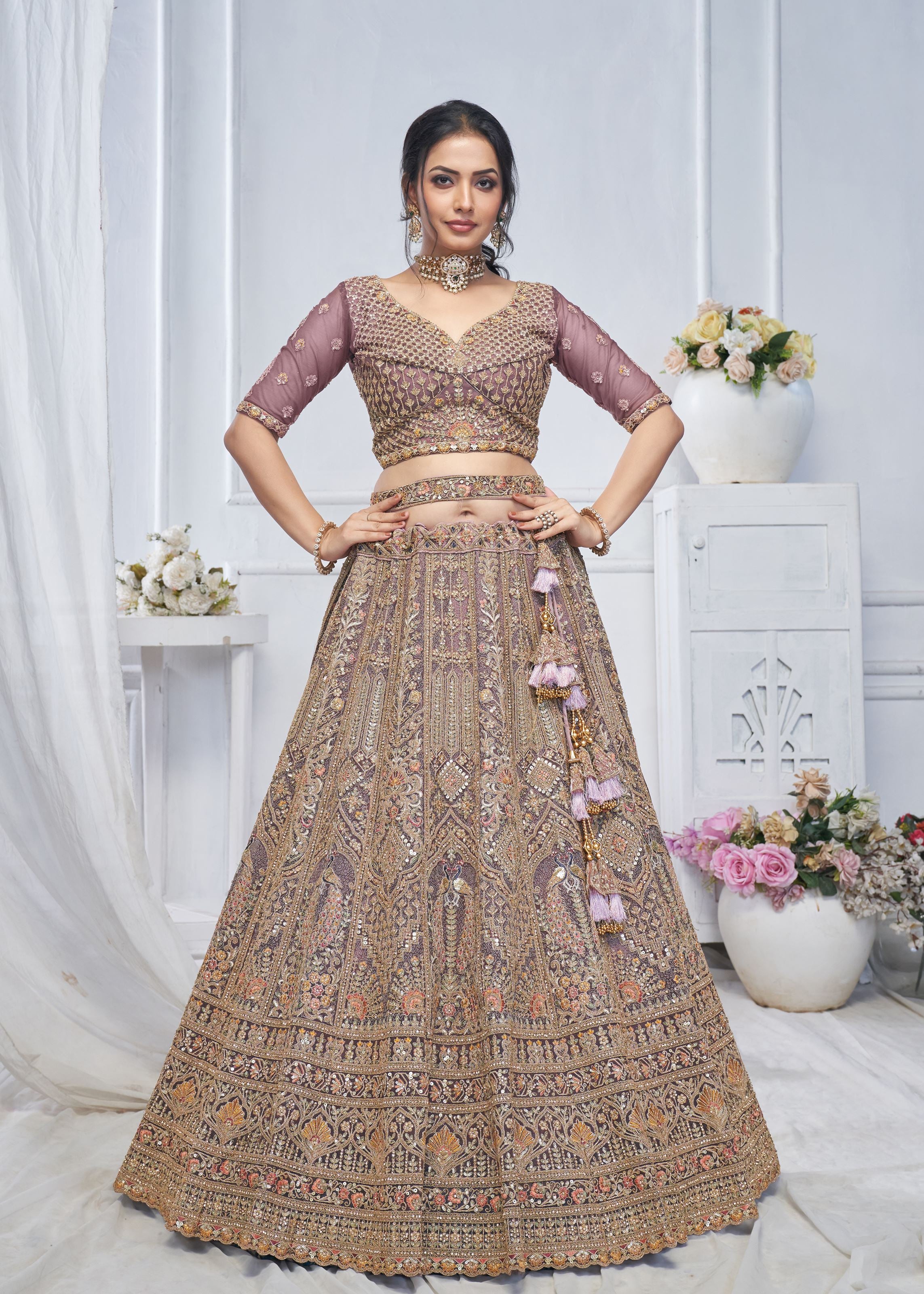 Light Purple Lehenga Choli With Zari Paisley Embroidery, Silk Patches, And Regal Peacock Motifs