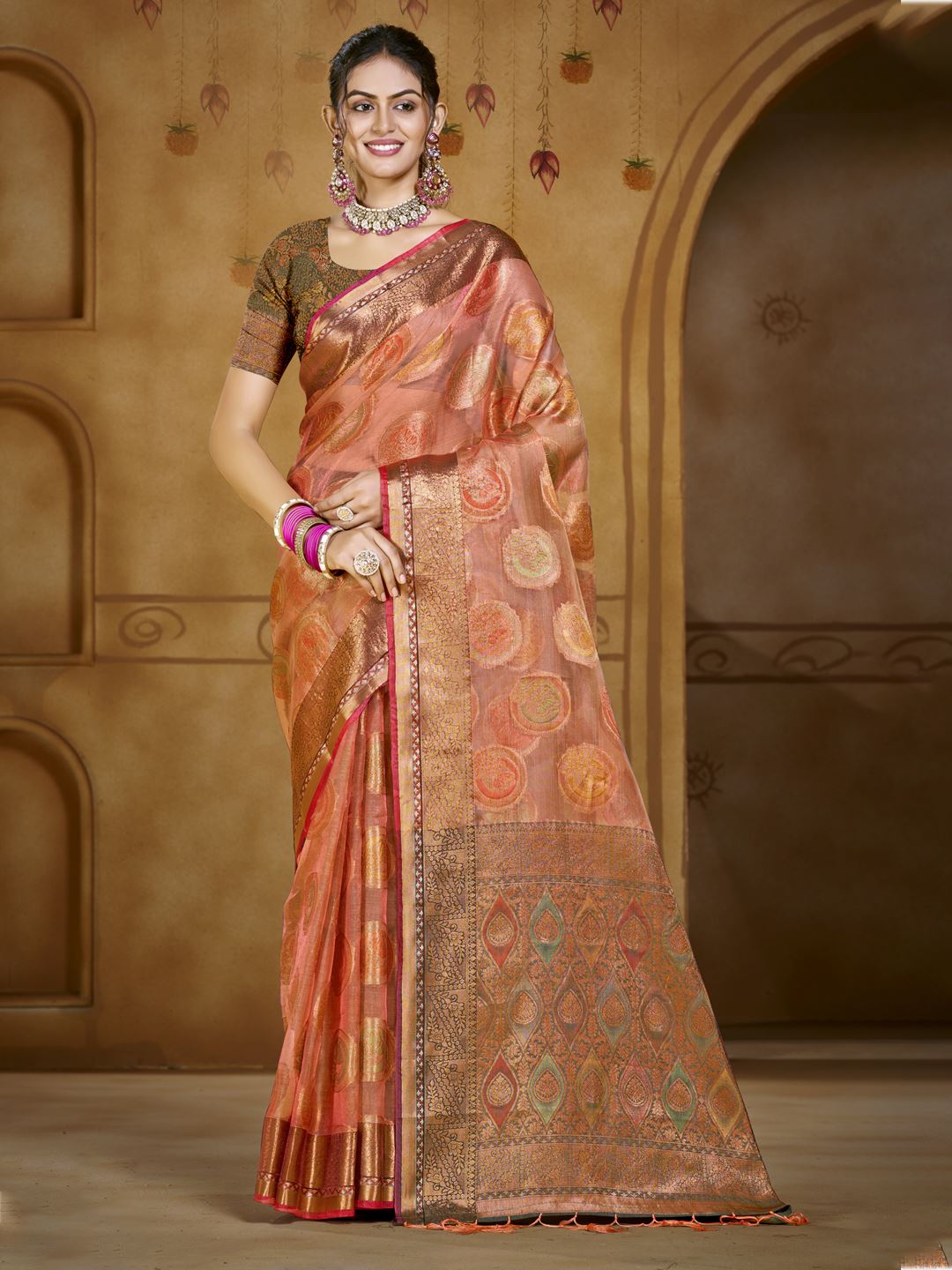 Light Red color Organza Silk Saree