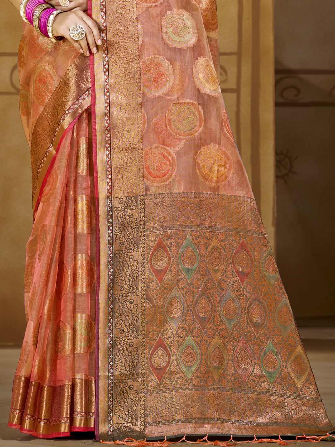 Light Red color Organza Silk Saree