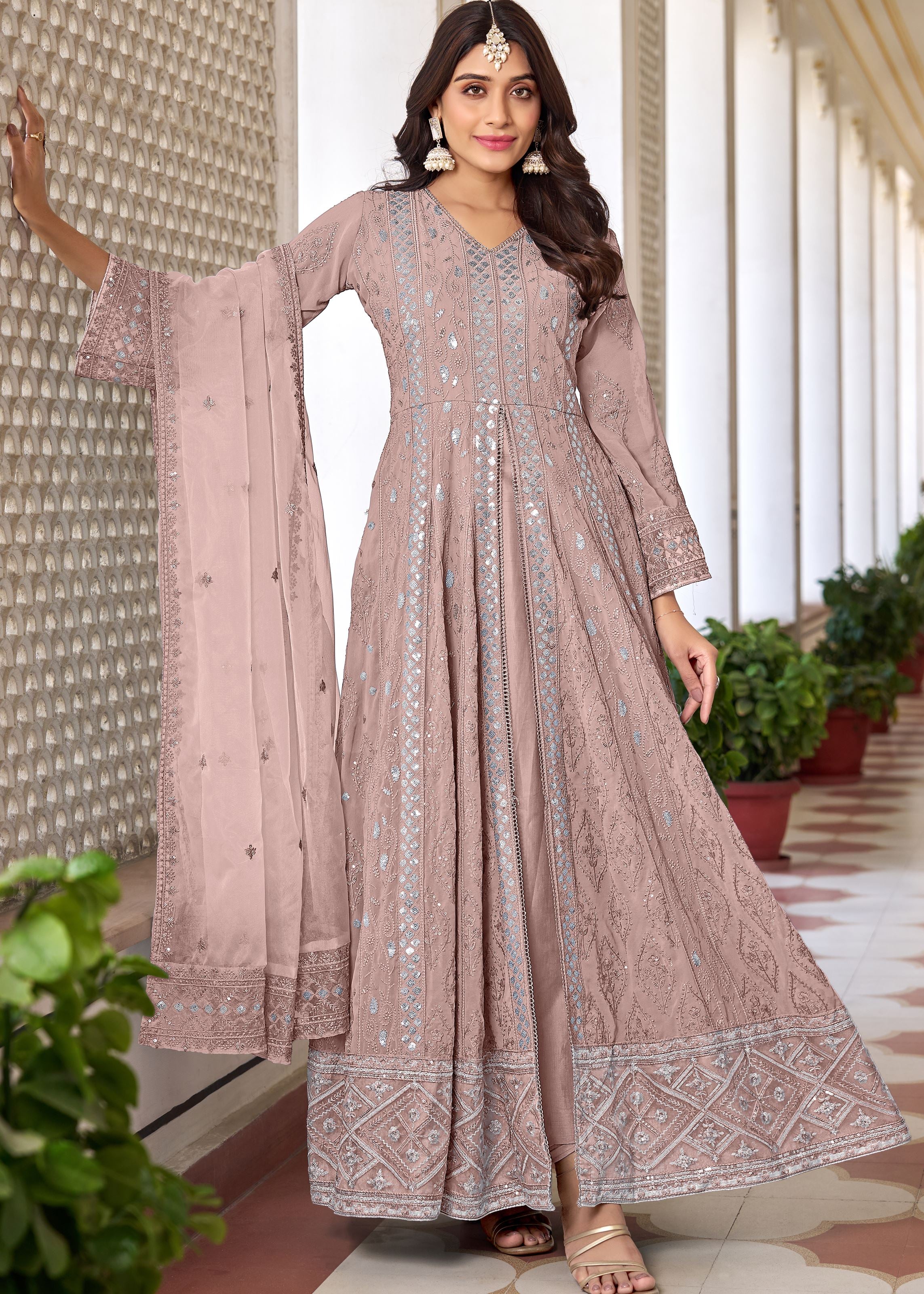 Light Rose Salwar Kameez with Heavy Thread Embroidery With Sequince Work