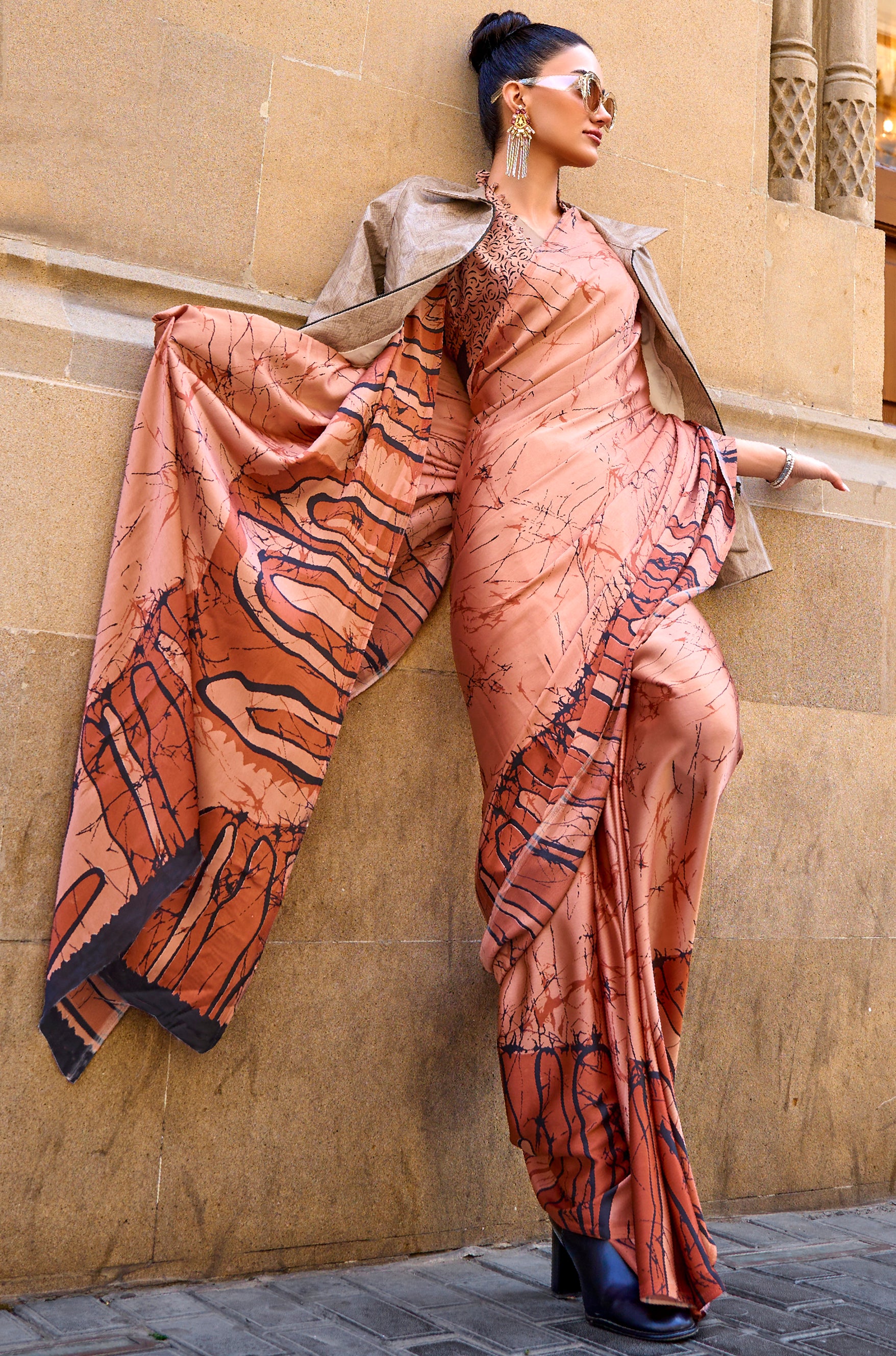 Light Rust Japan Satin Crape Saree with  Printed Work