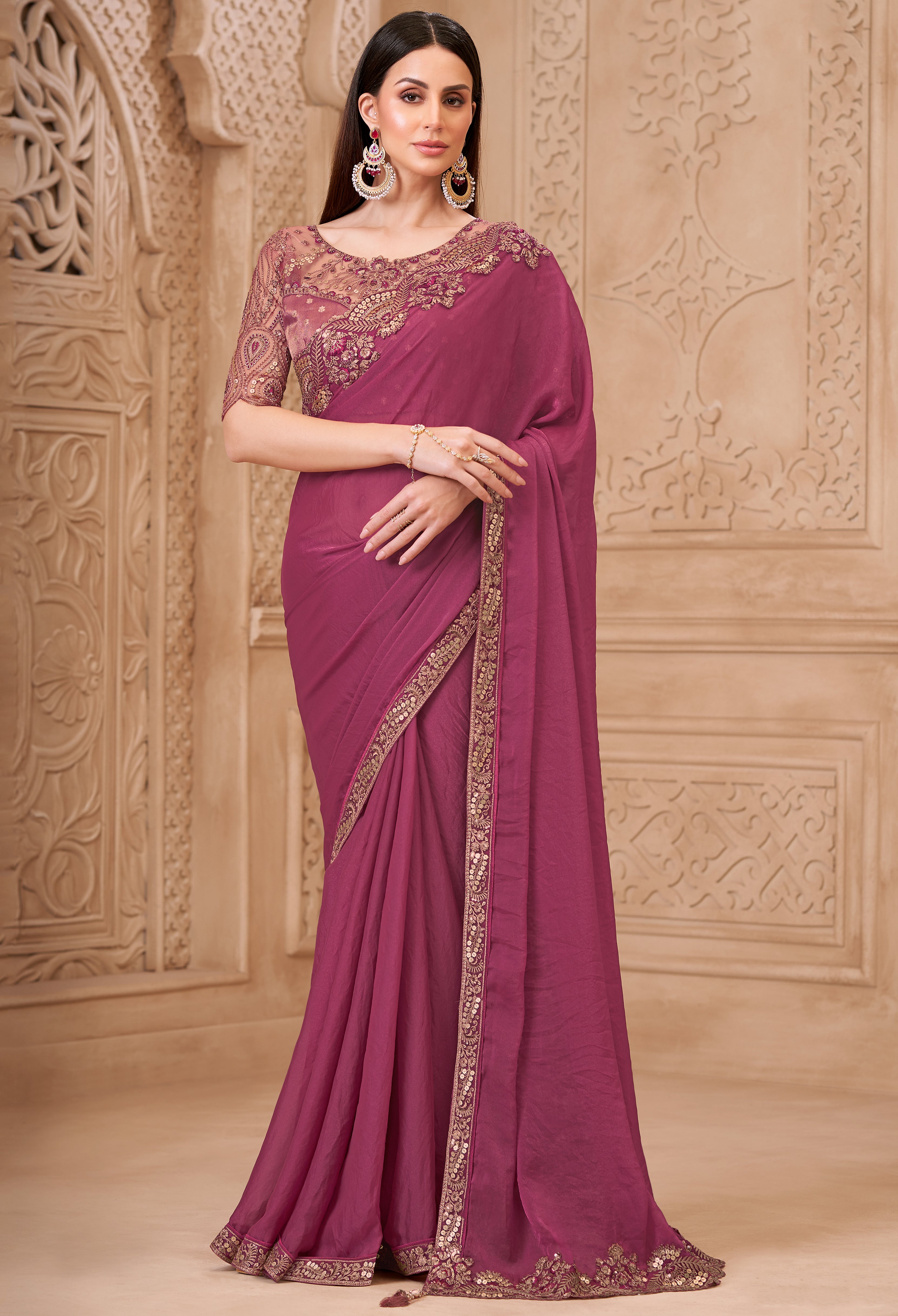 Light Wine Saree With  Heavy Thread Embroidery Sequins Border Work With Embroidery Blouse
