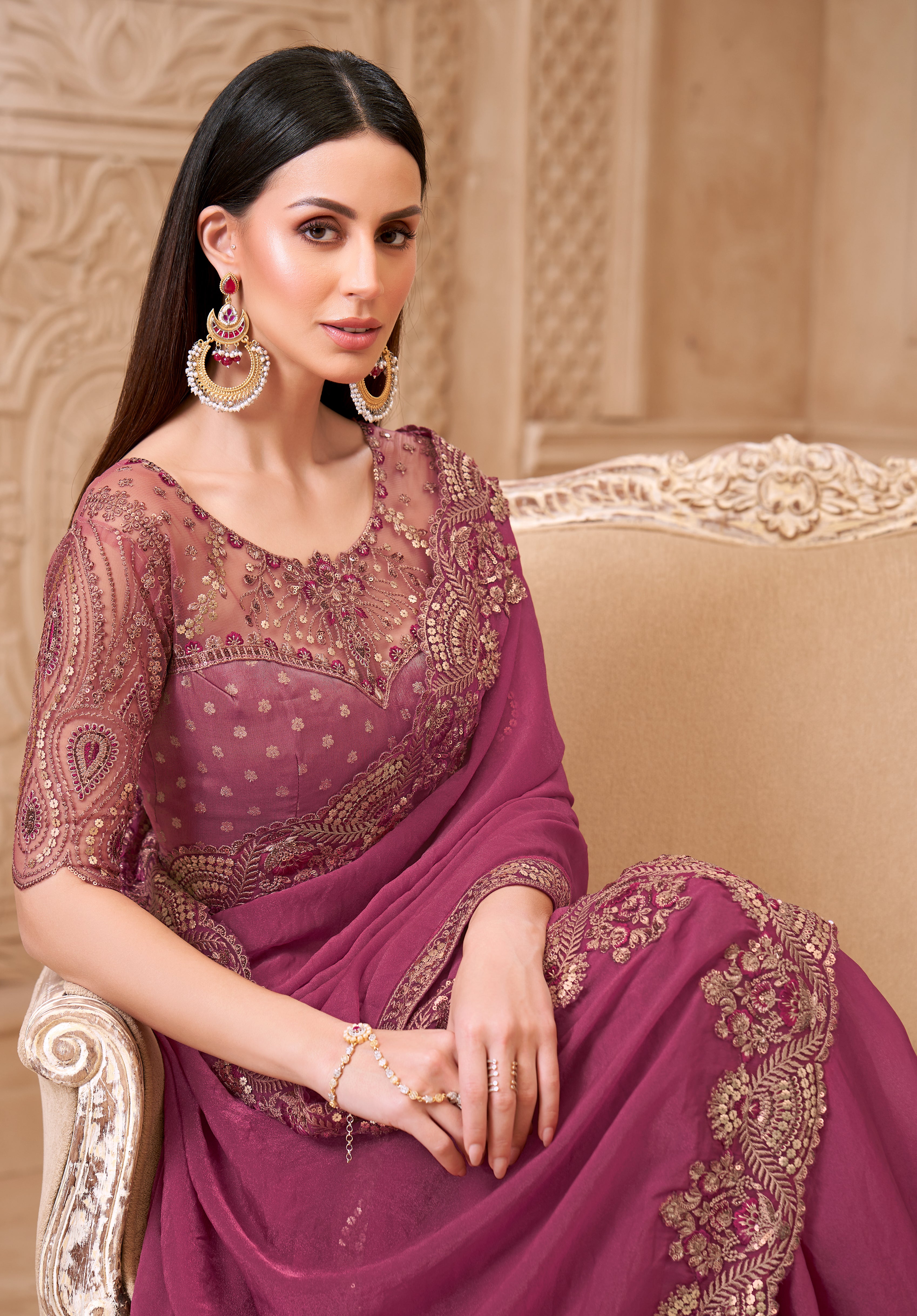 Light Wine Saree With  Heavy Thread Embroidery Sequins Border Work With Embroidery Blouse