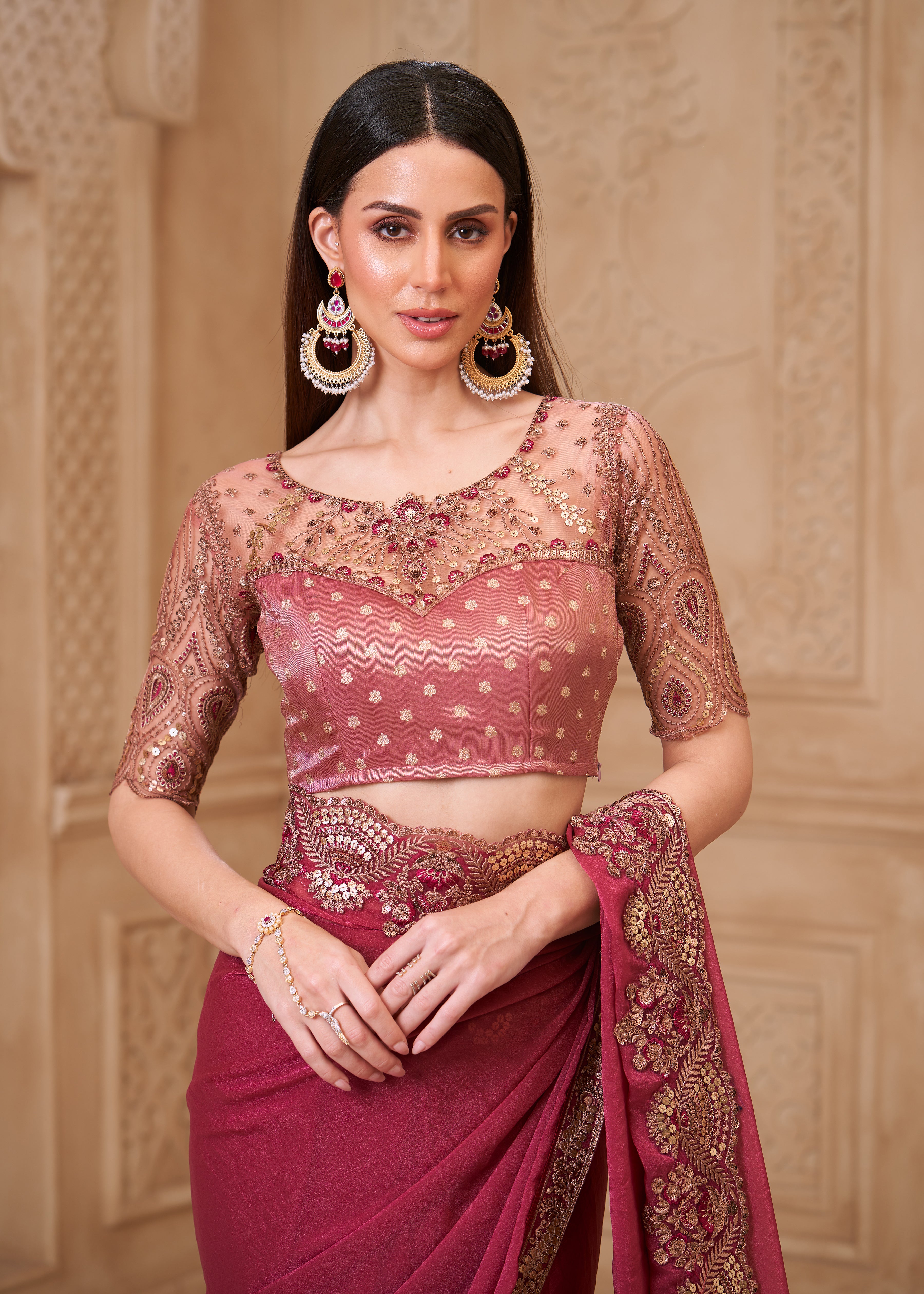 Light Wine Saree With  Heavy Thread Embroidery Sequins Border Work With Embroidery Blouse