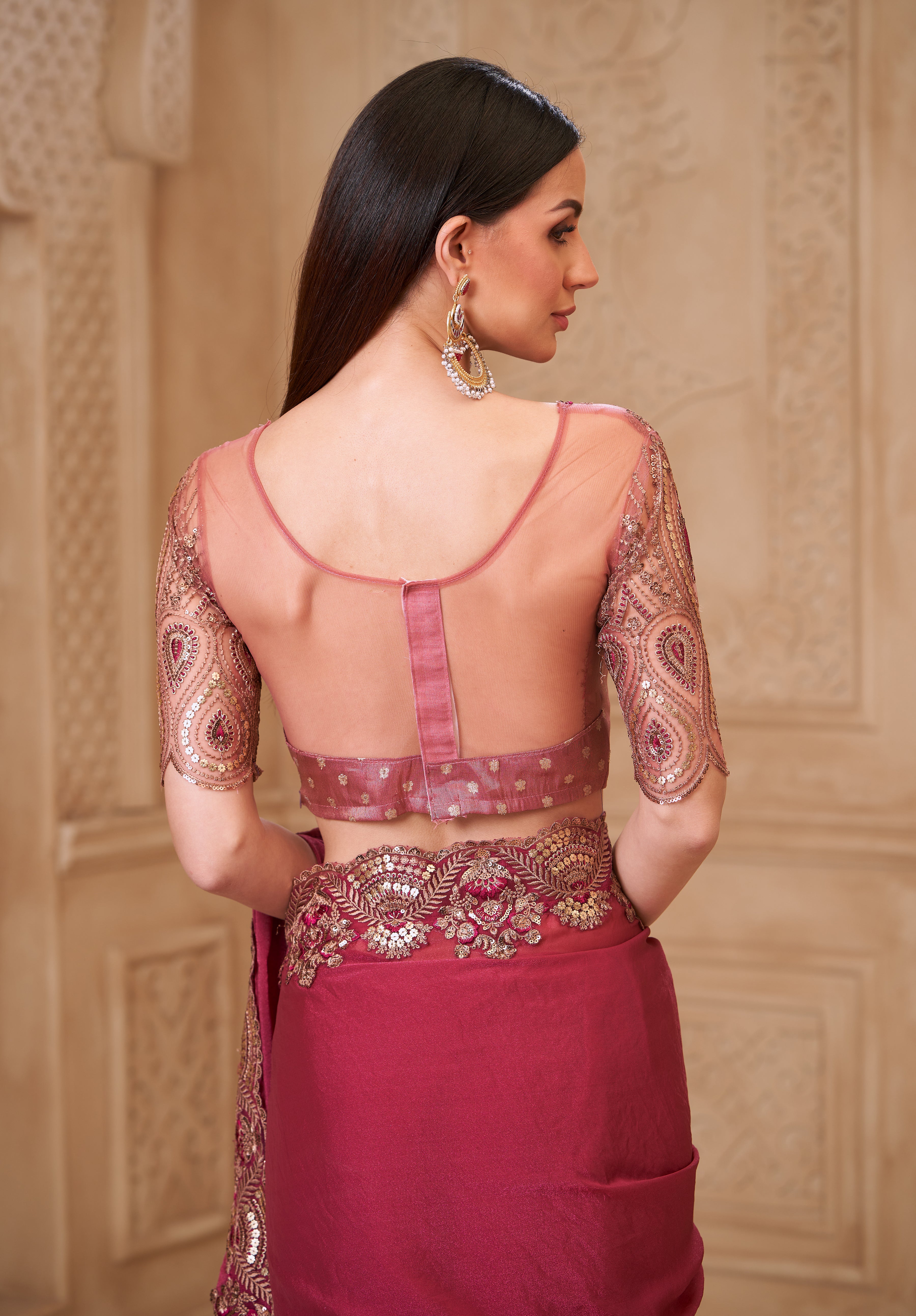 Light Wine Saree With  Heavy Thread Embroidery Sequins Border Work With Embroidery Blouse