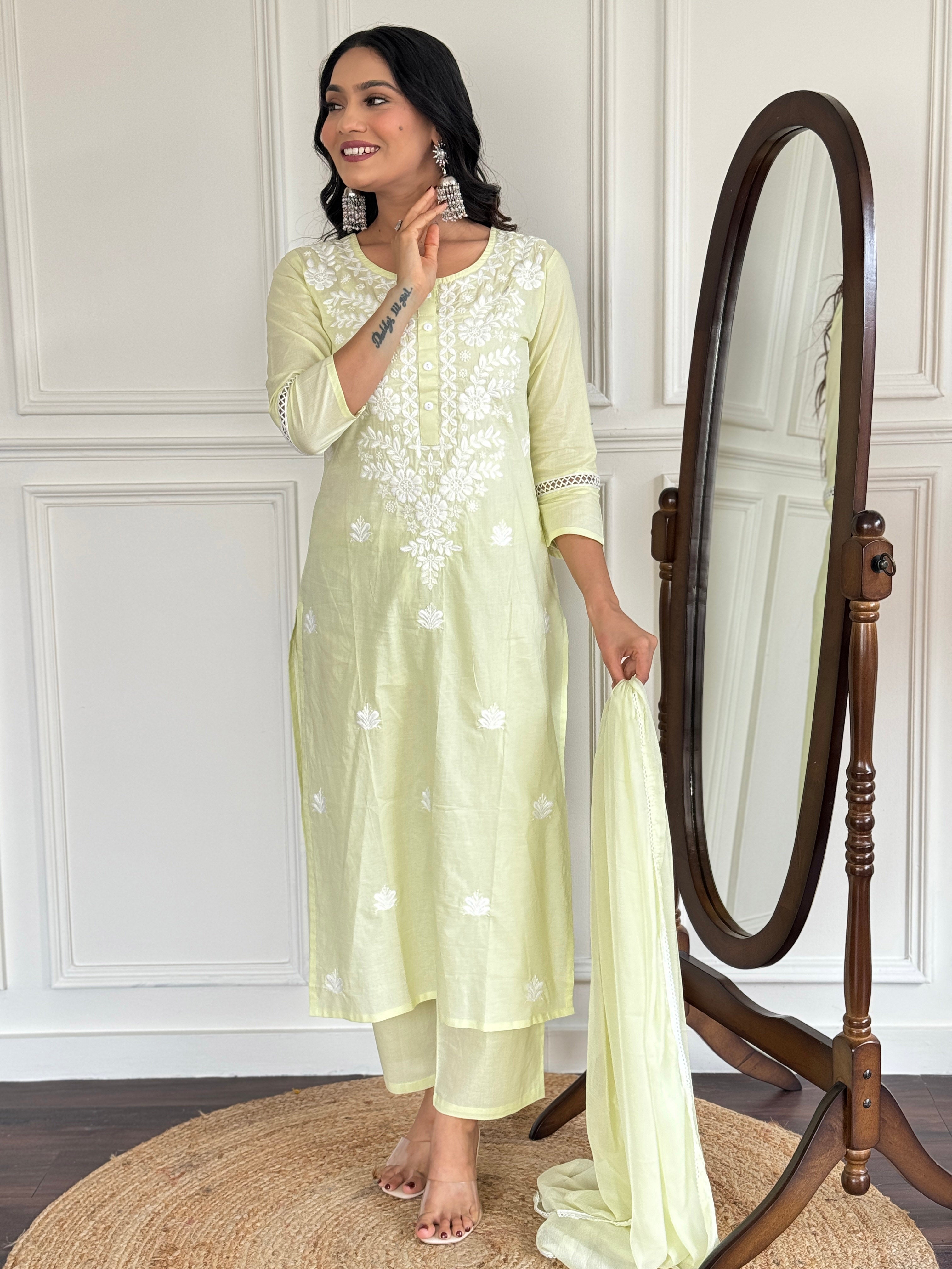 Light Yellow Cotton Elegant Kurta Pant Set With Chikankari Work