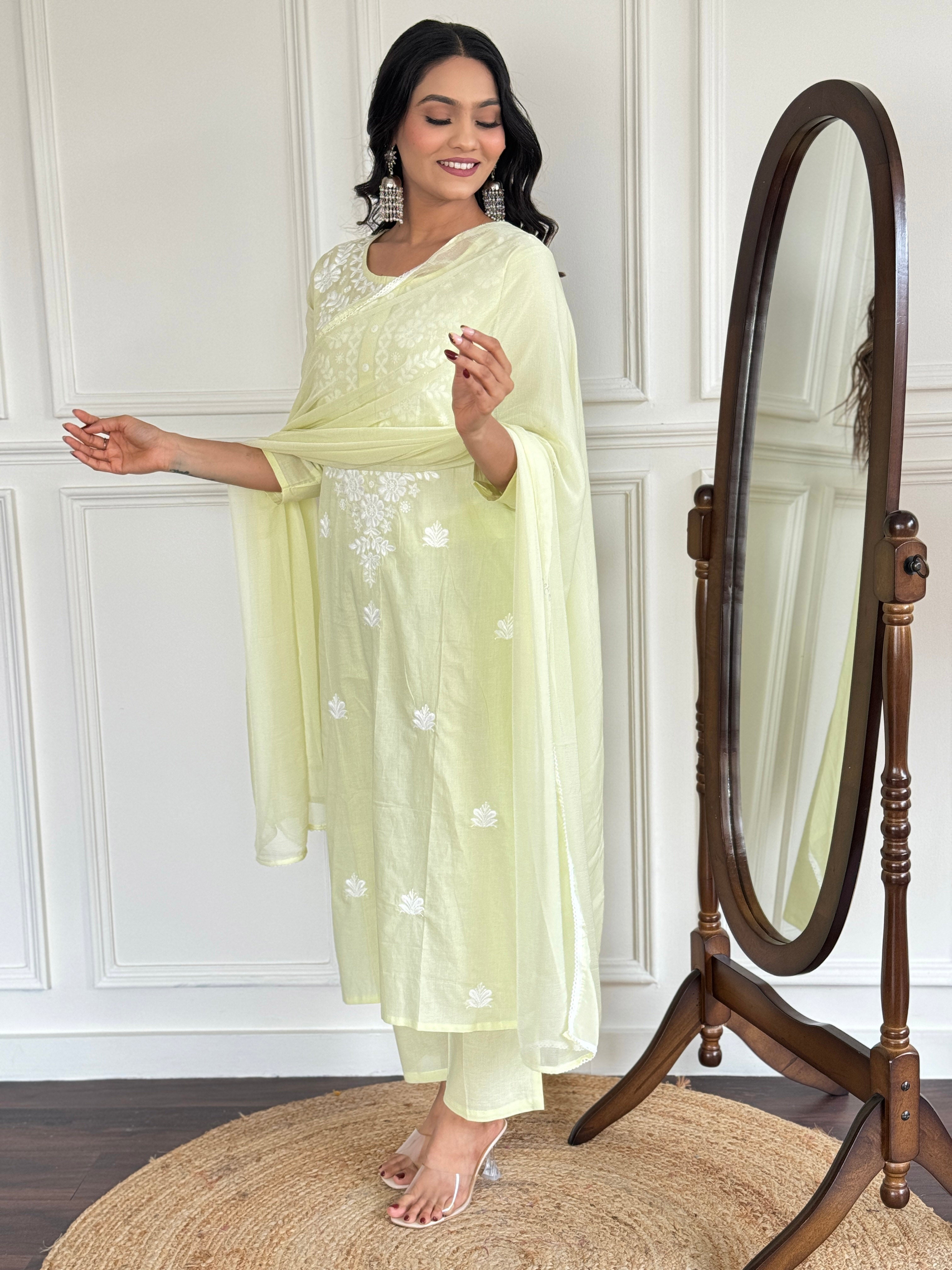 Light Yellow Cotton Elegant Kurta Pant Set With Chikankari Work