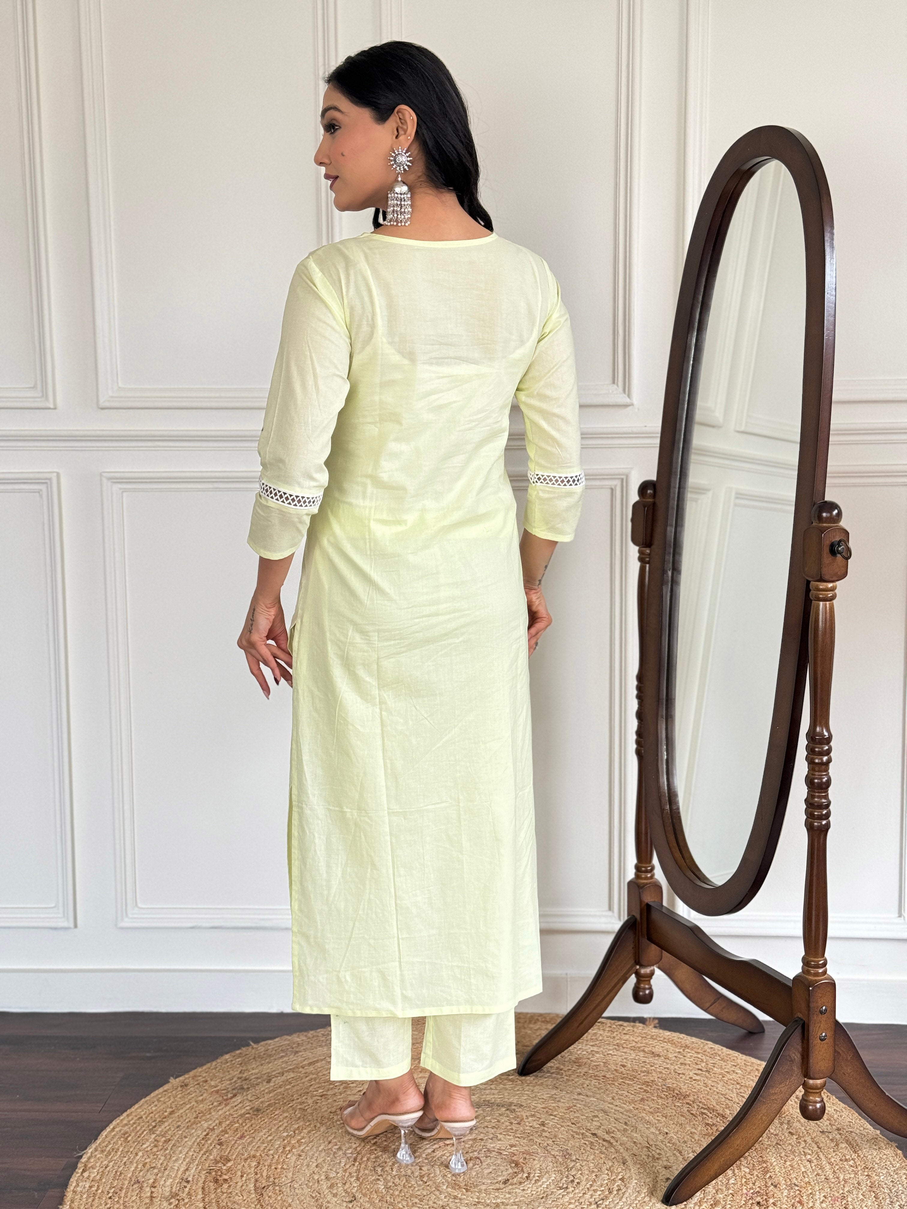 Light Yellow Cotton Elegant Kurta Pant Set With Chikankari Work