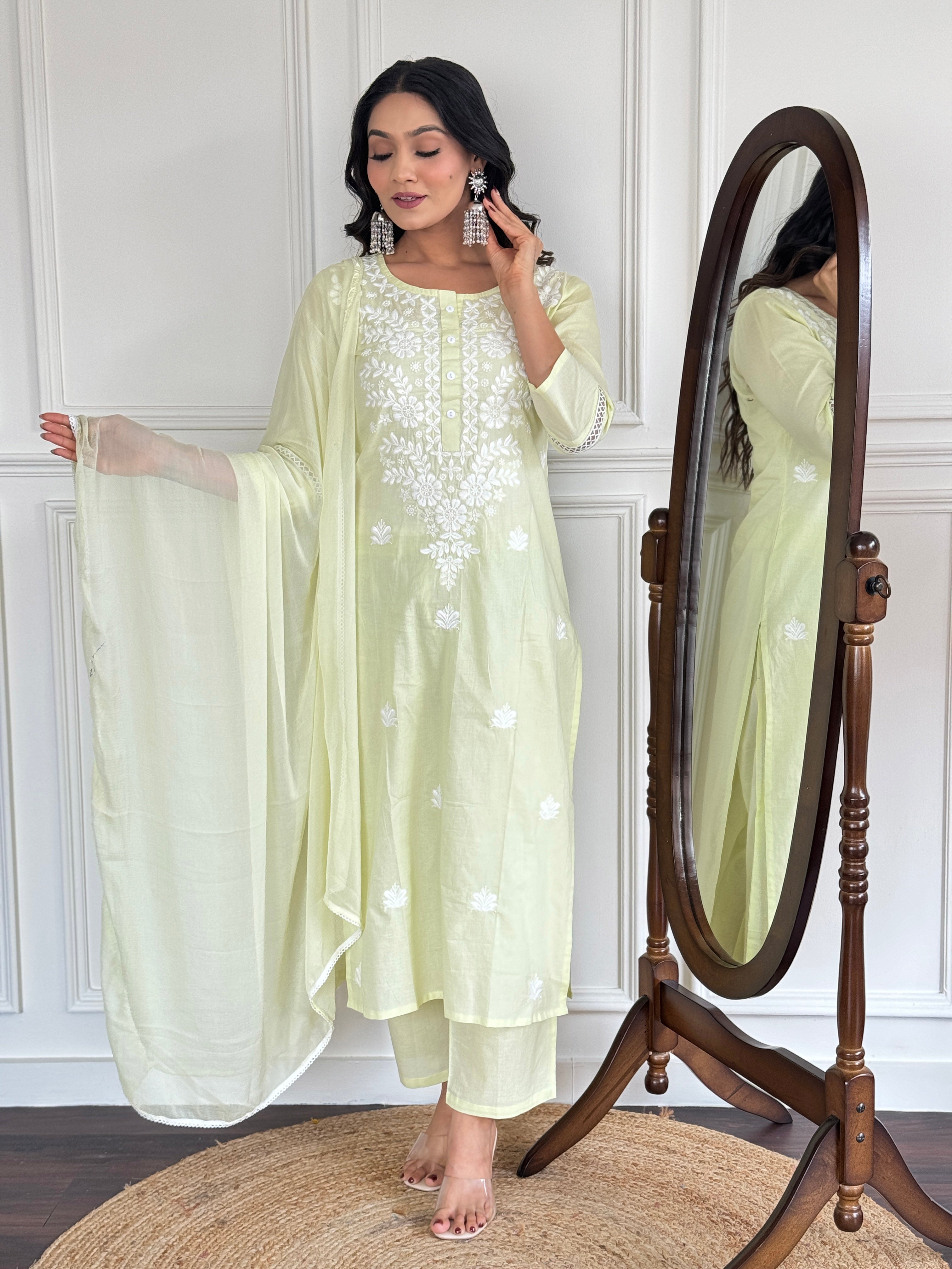 Light Yellow Cotton Elegant Kurta Pant Set With Chikankari Work
