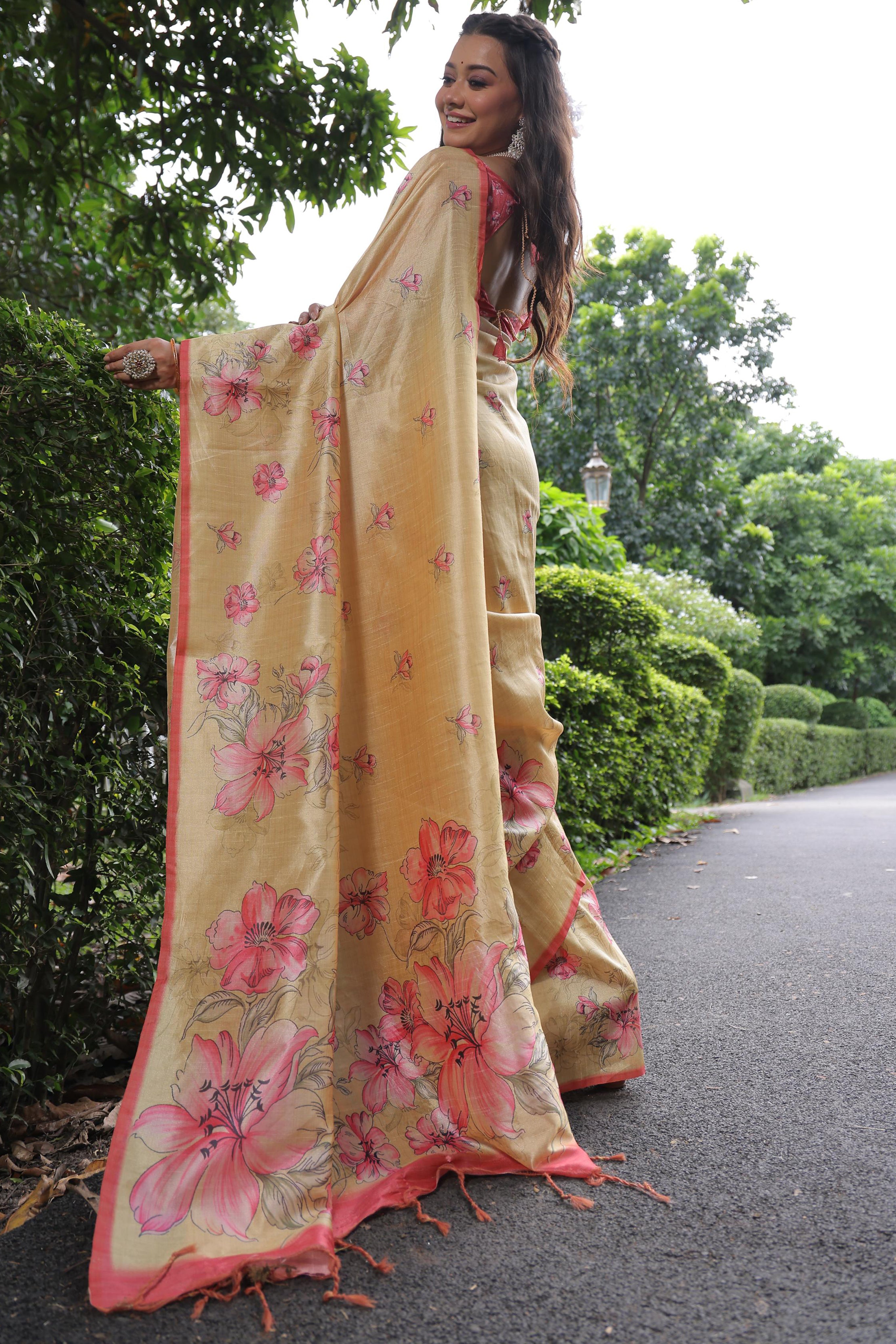 Light Yellow Tussar Silk Saree with Graceful Floral Prints