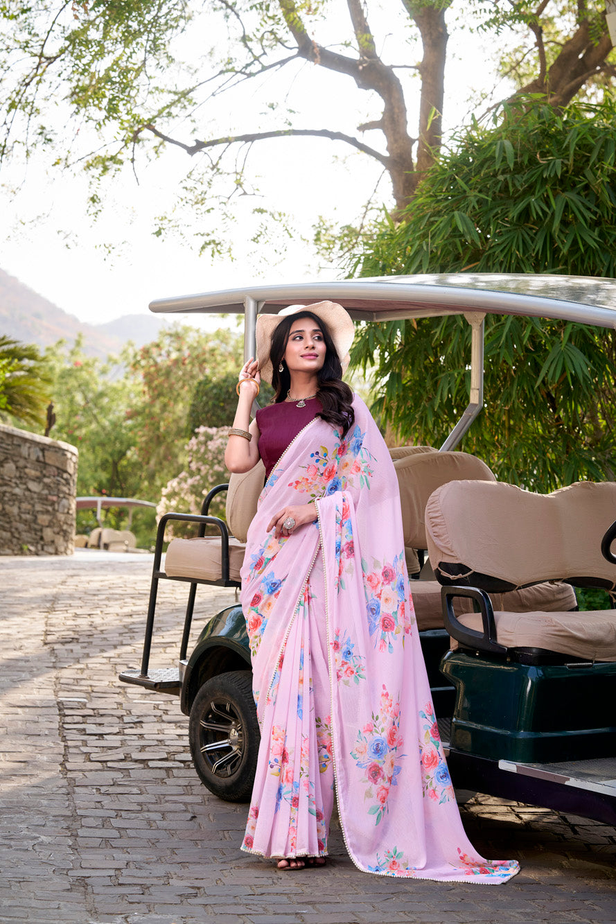 Light pink Floral Marble Saree with Lace Border