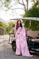 Light pink Floral Marble Saree with Lace Border