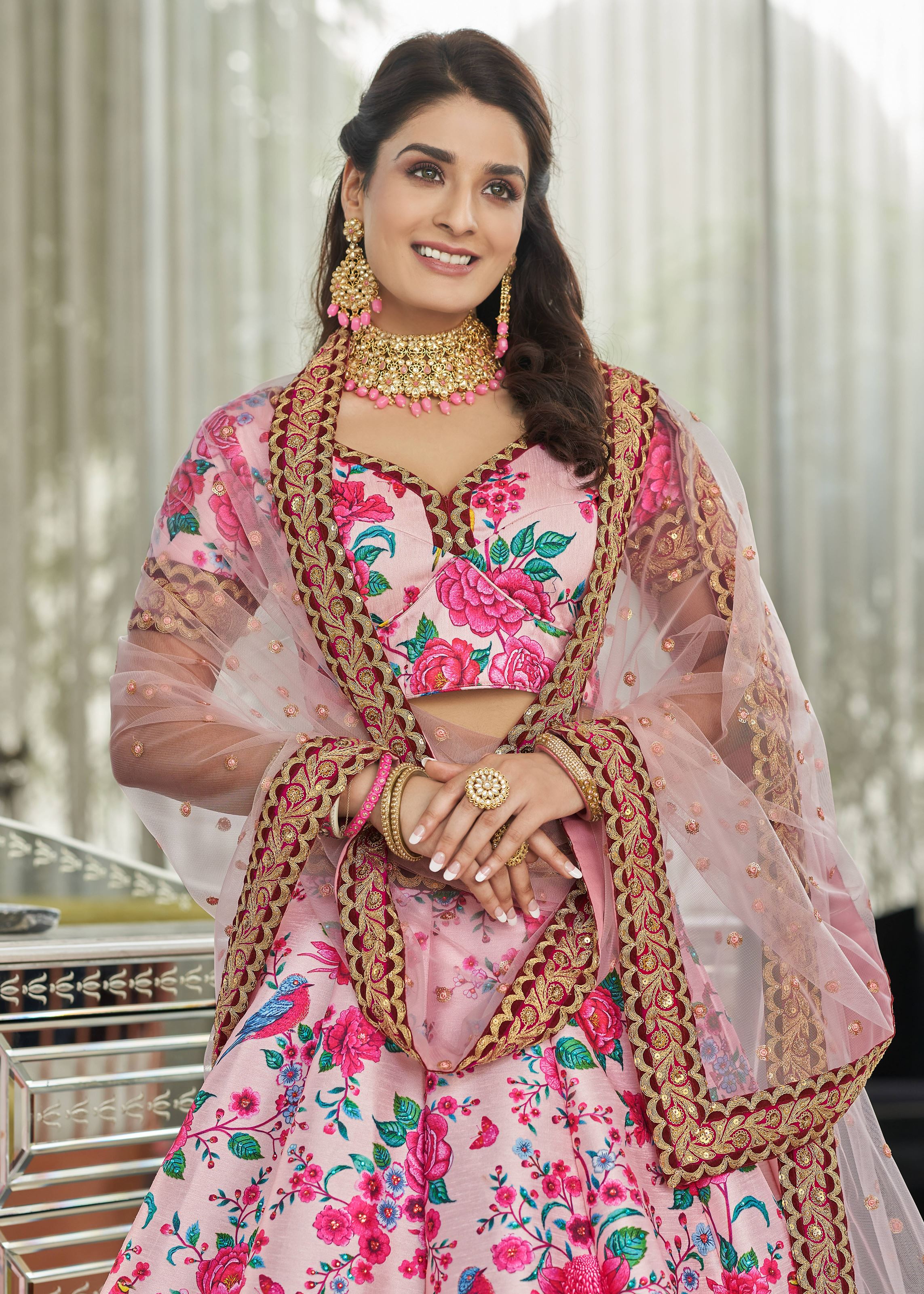 Light pink Lehenga Choli With Digital Print With Dori, Sequins And Stone Work