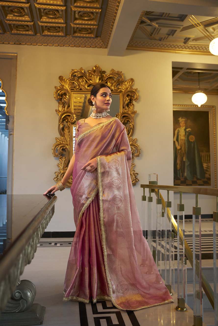Light pink Tissue Shimmer Saree with Zari Weaving & Sequins Lace