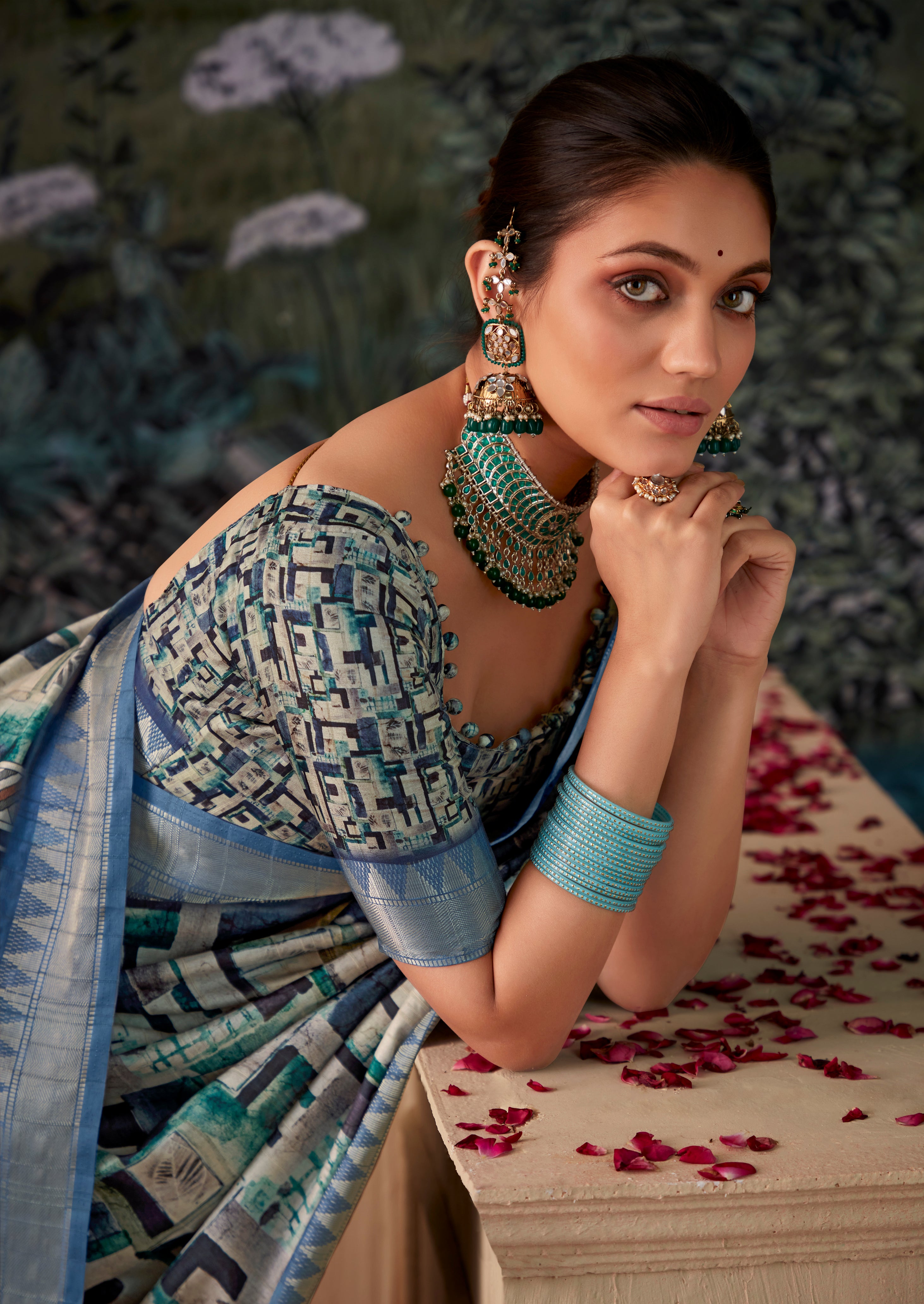 LigthBlue Tusser Silk Saree With  Jacquard Woven with Digital Print