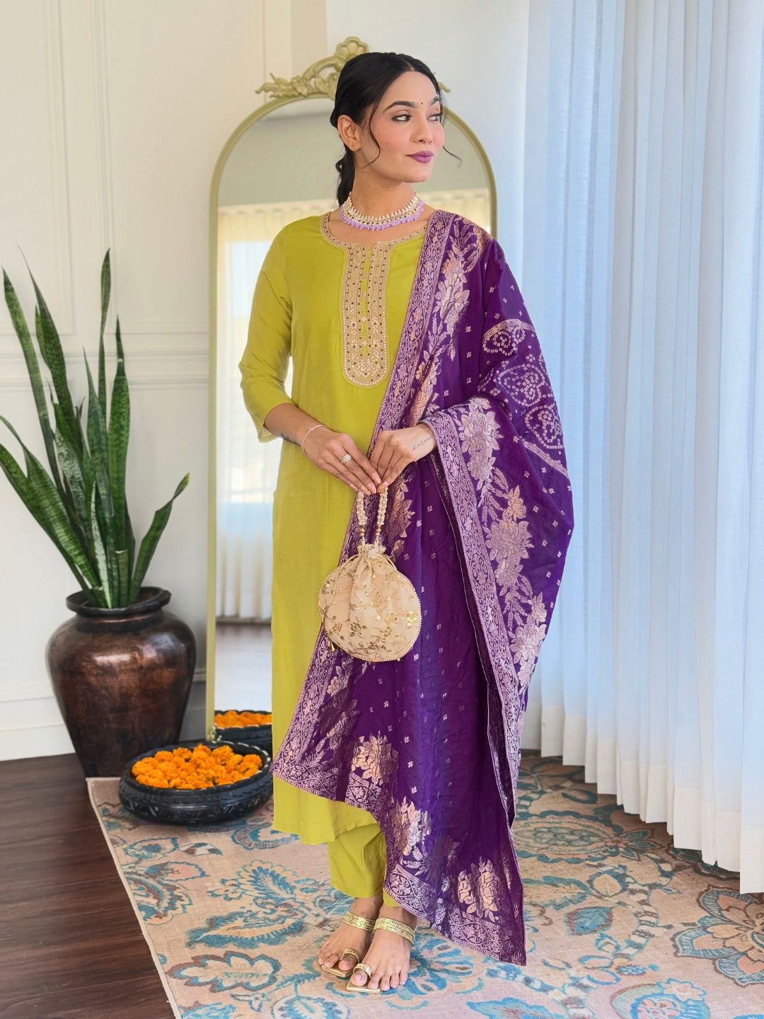 Lime Green Bsy Viscose Elegant Kurta Pant Set With Embroidery Work