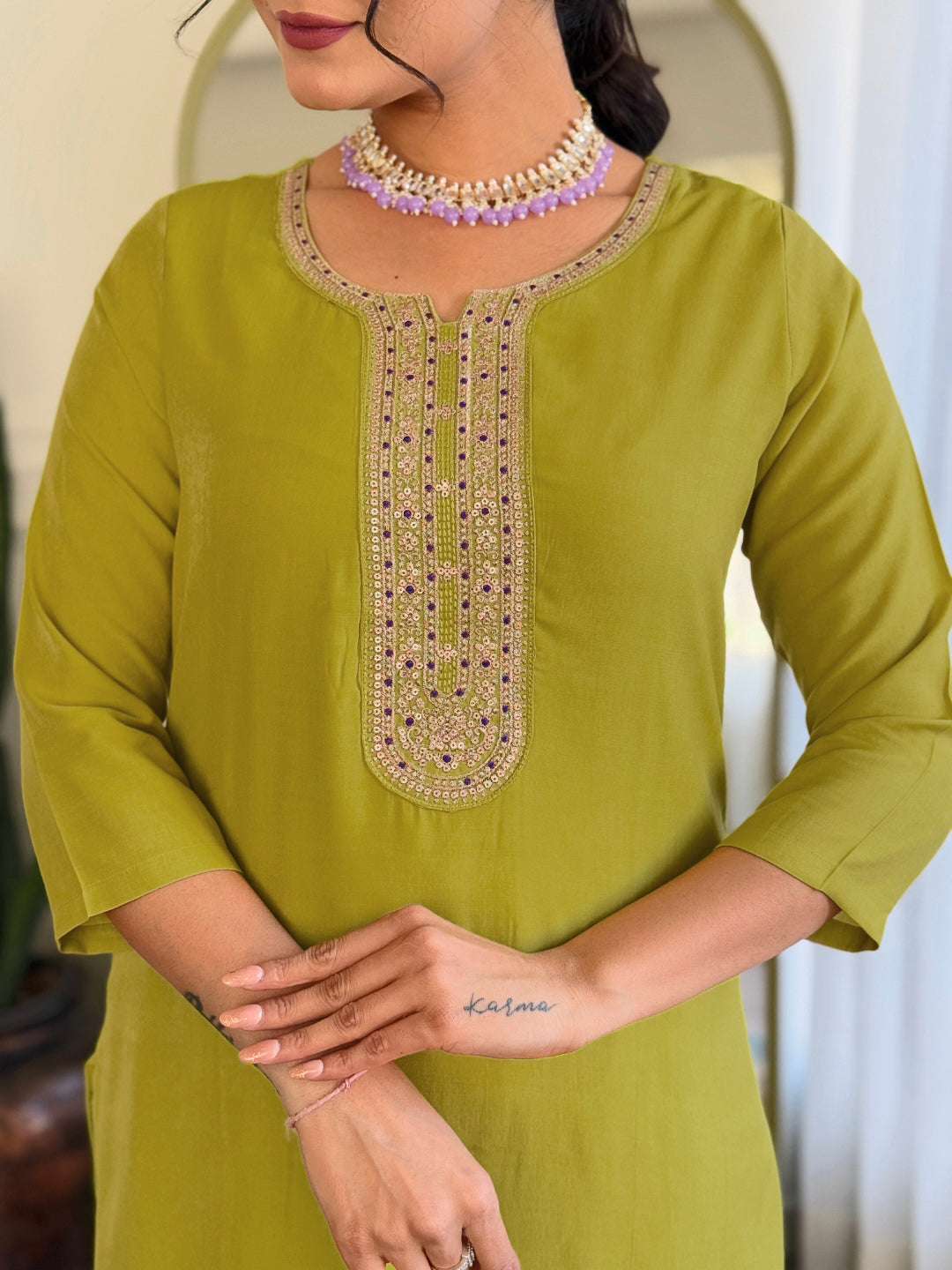 Lime Green Bsy Viscose Elegant Kurta Pant Set With Embroidery Work