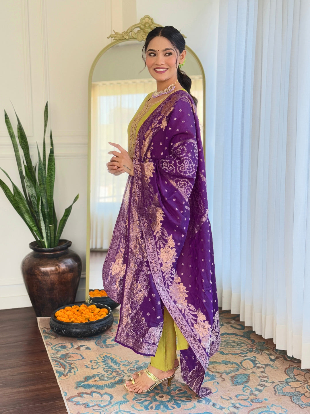 Lime Green Bsy Viscose Elegant Kurta Pant Set With Embroidery Work