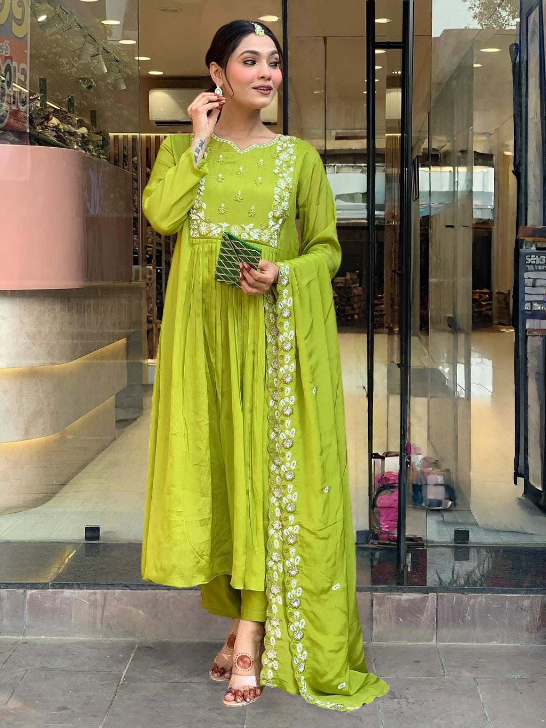 Lime Green Chinon Elegant Kurta Pant Set With Embroidery Work