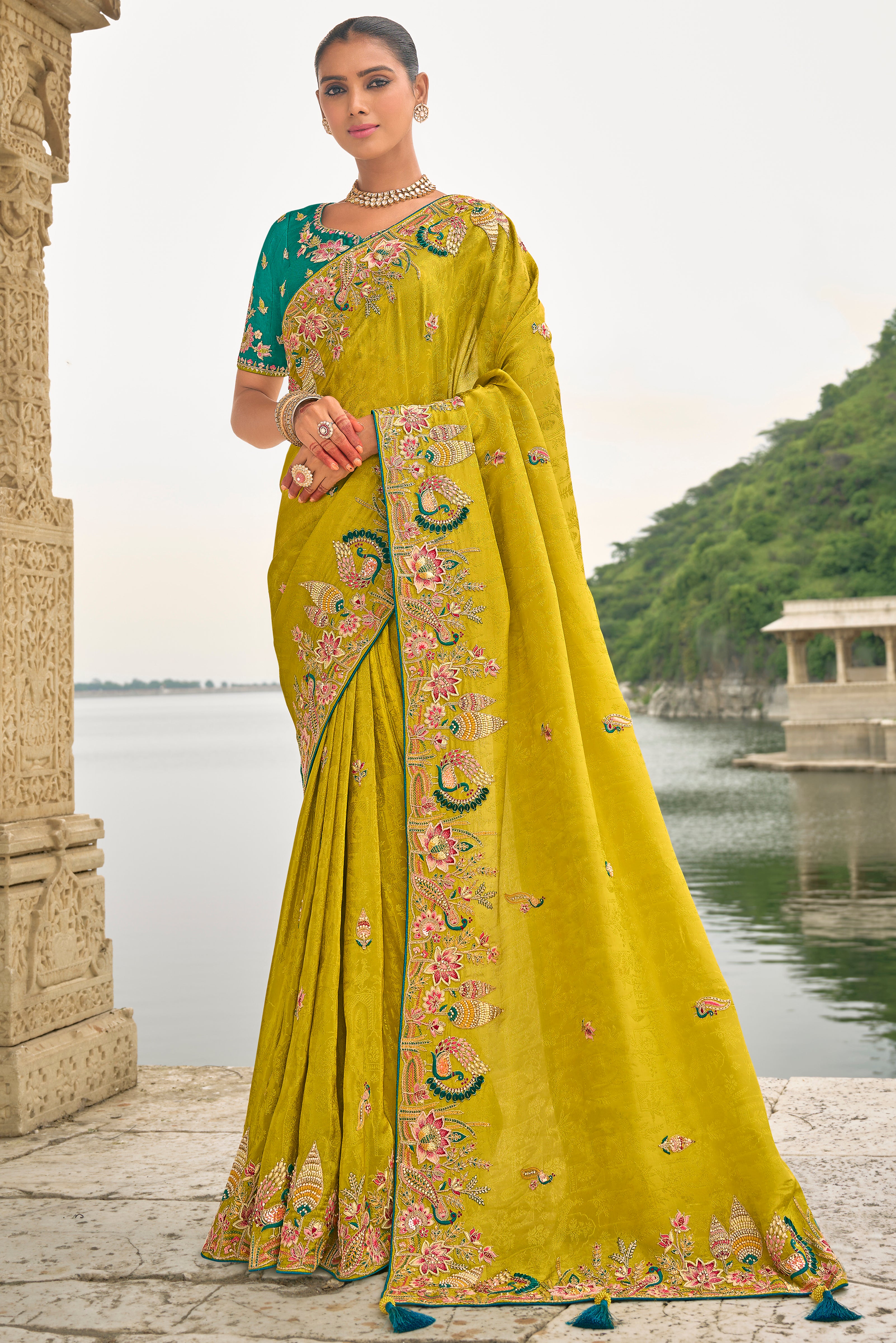 Lime Jacquard Saree With  Heavy Thread Embroidery and Sequins Work