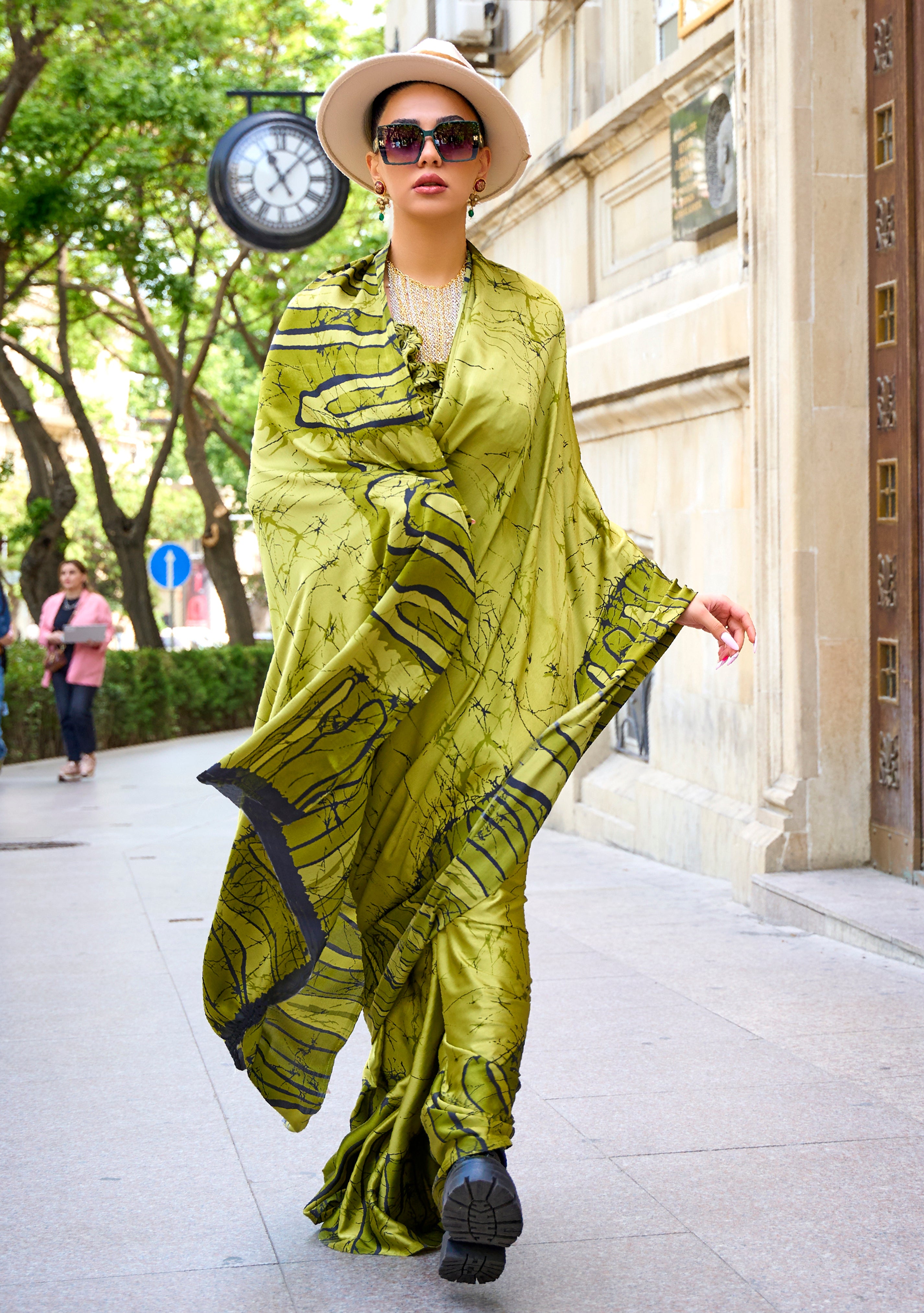 Lime Japan Satin Crape Saree with  Printed Work