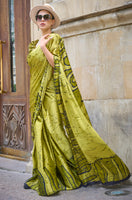 Lime Japan Satin Crape Saree with  Printed Work