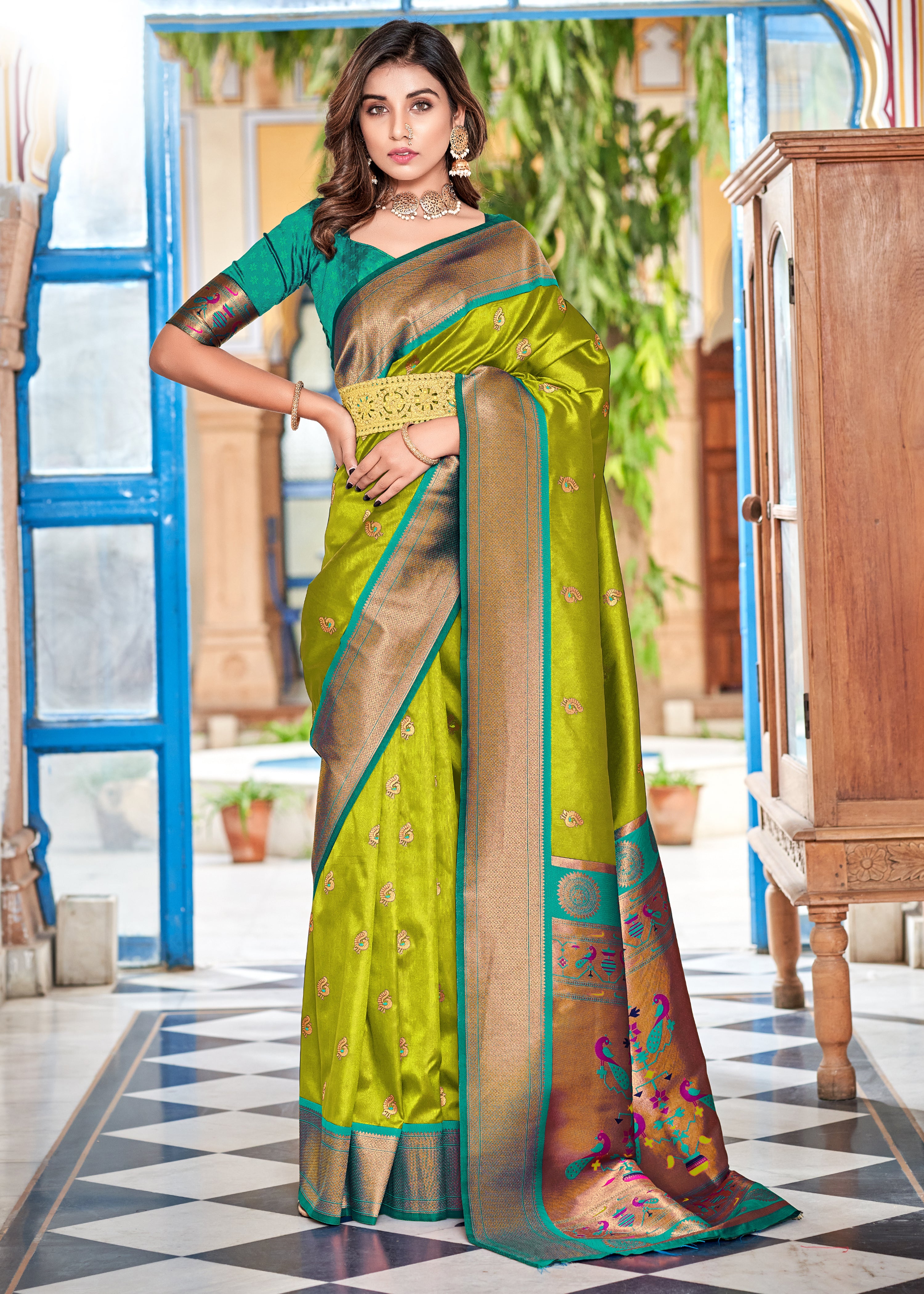 Lime Paithni Silk Saree with Jacquard Woven work