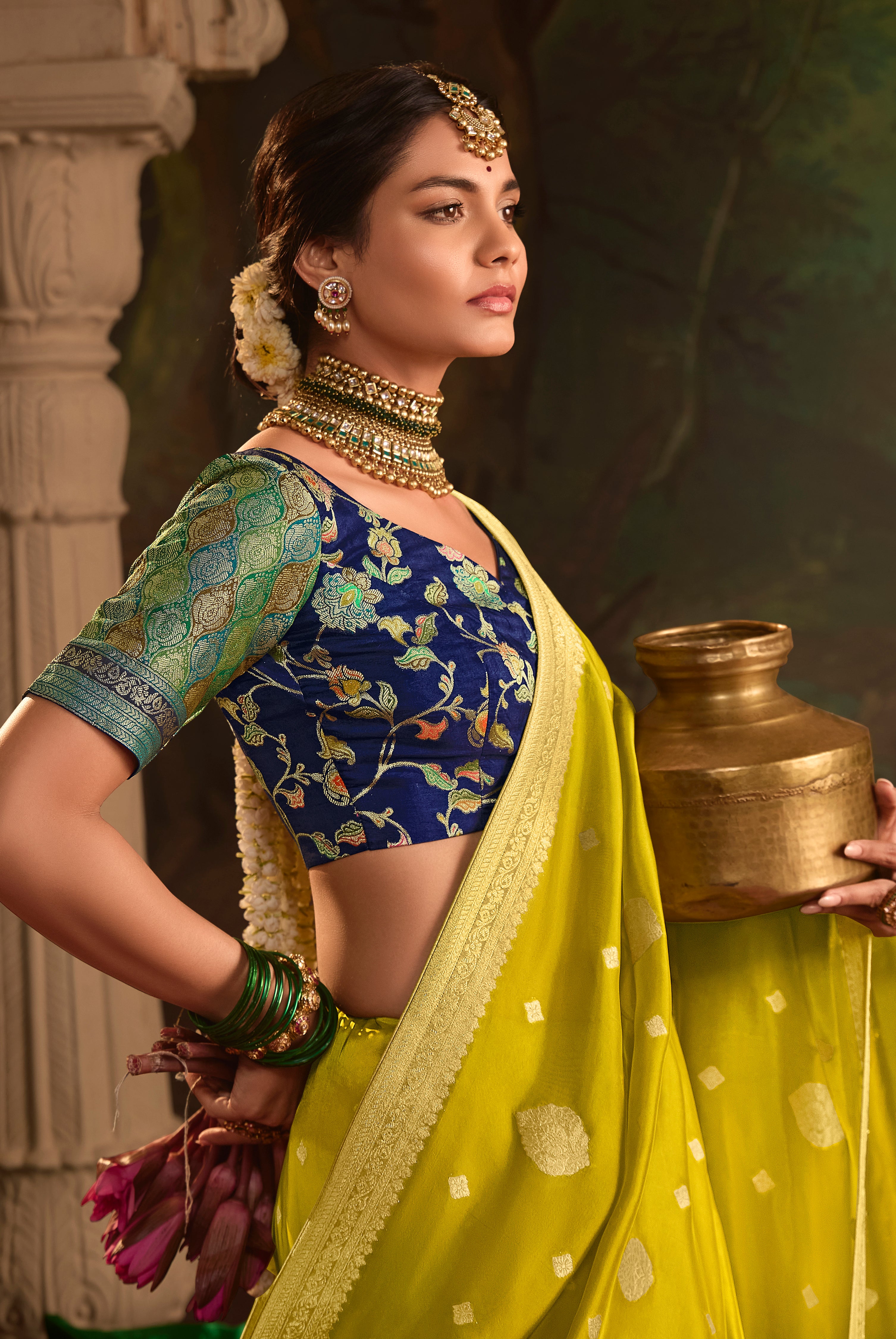Lime Pure Crepe Dola Silk Saree With Jacquard Woven Work
