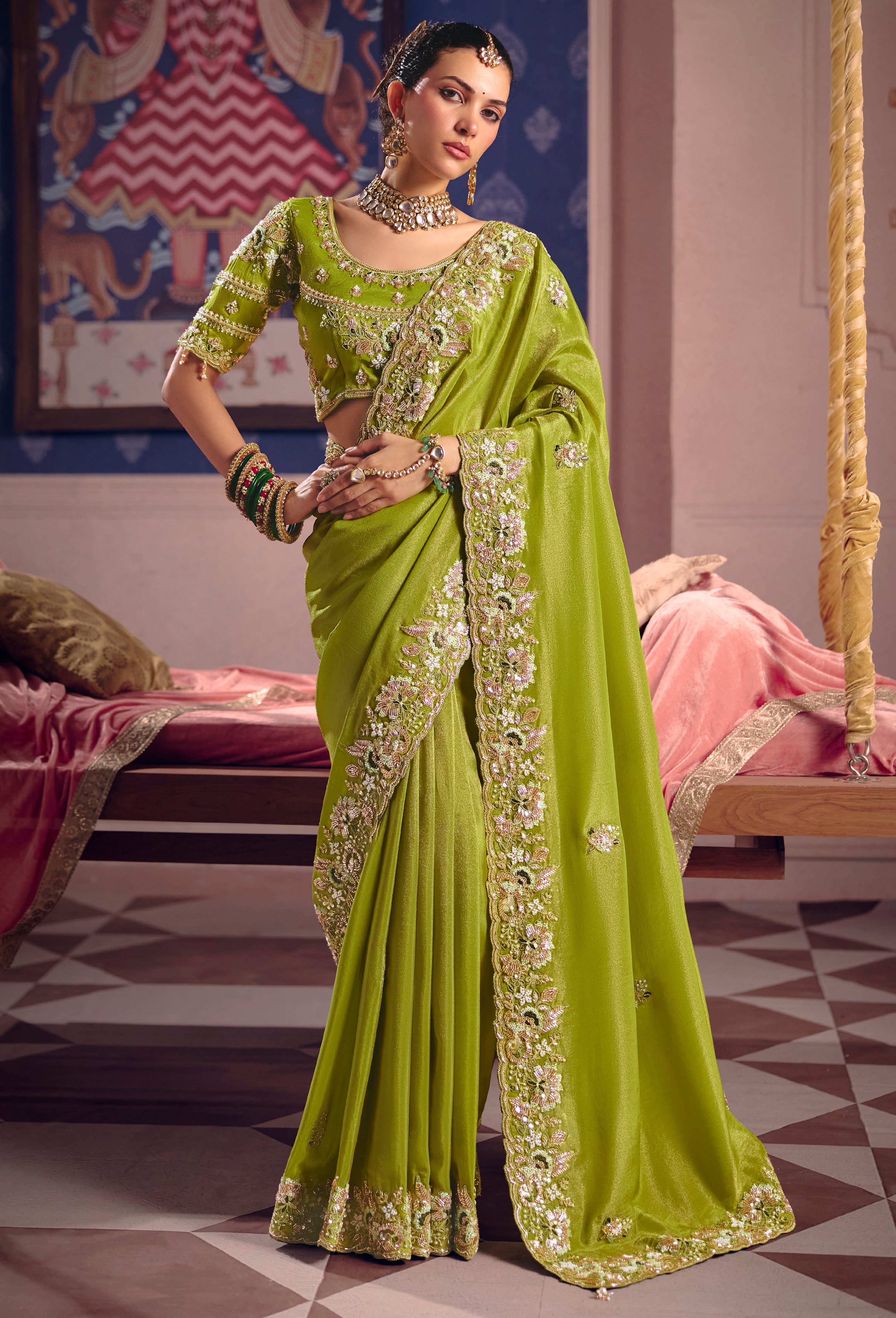 Lime Saree With  Heavy Embroidery, Beads With Sequince Work