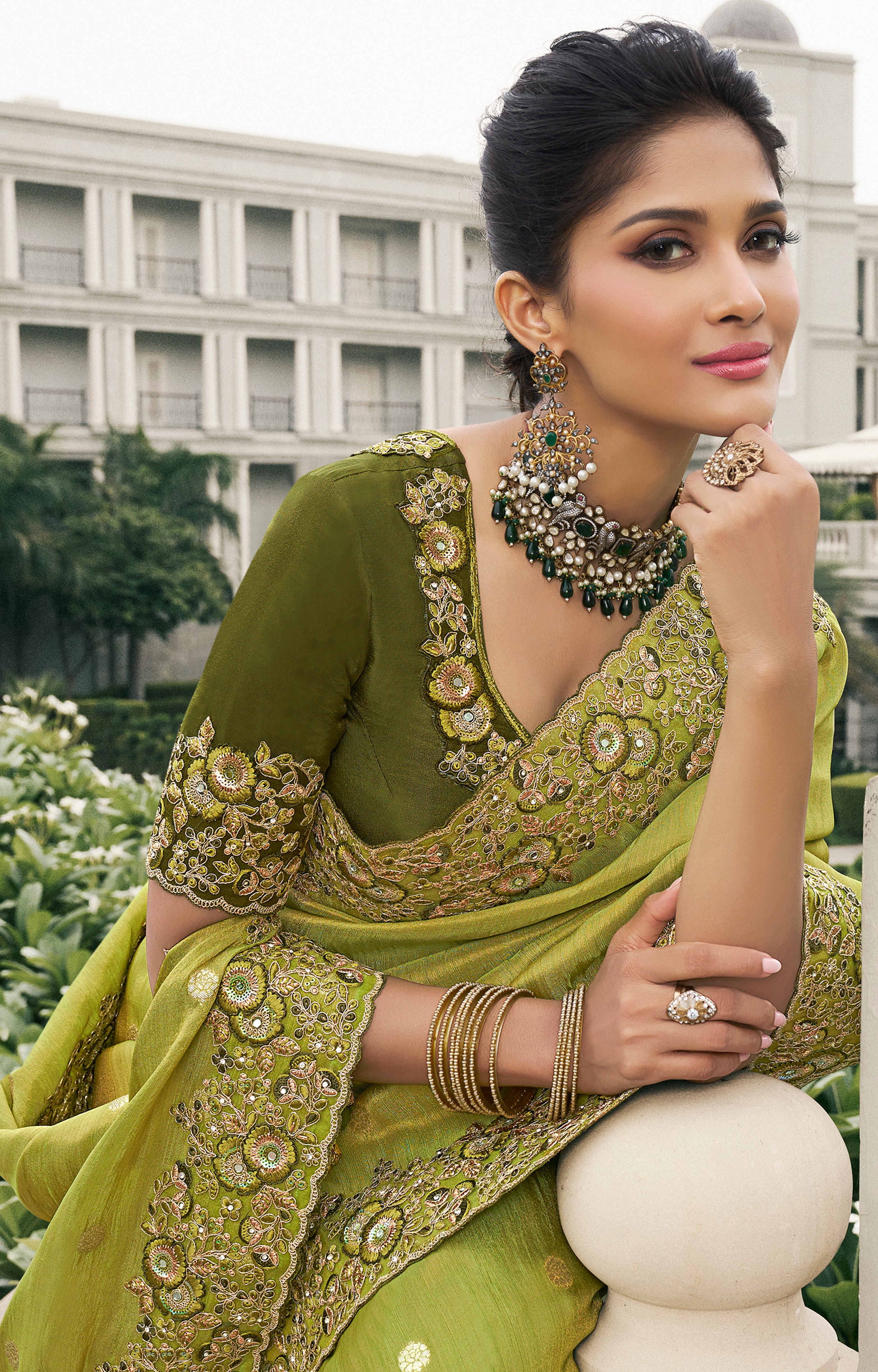 Lime Saree With  Heavy Thread Embroidery, Stone, Pearl, Real Mirror Work