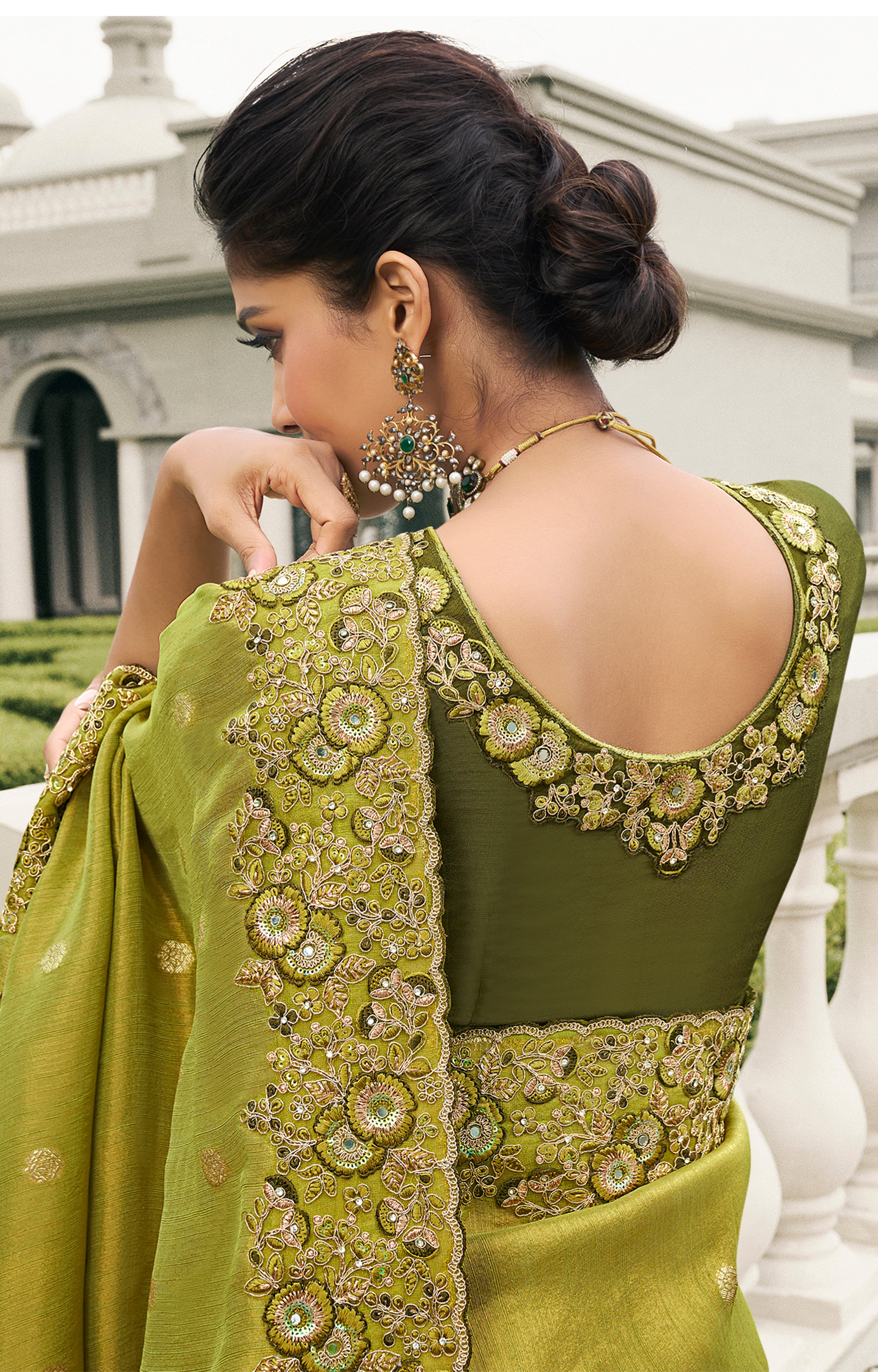 Lime Saree With  Heavy Thread Embroidery, Stone, Pearl, Real Mirror Work