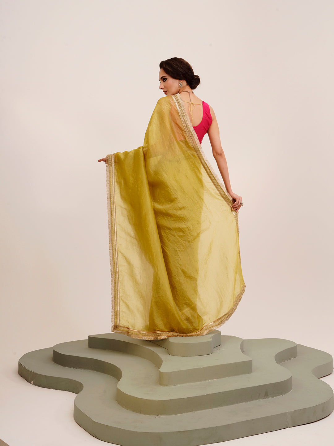 Lime Yellow Embellished Sequinned Silk Saree For Beautiful Partywear Saree