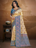 Lovely Beige and Ocean Blue Silk Saree