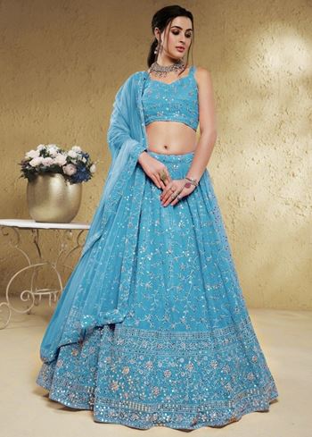 Lovely Sky-Blue Embroidered Georgette Engagement Wear Lehenga Choli