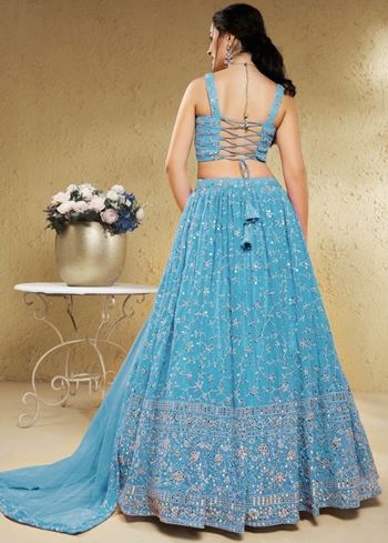 Lovely Sky-Blue Embroidered Georgette Engagement Wear Lehenga Choli