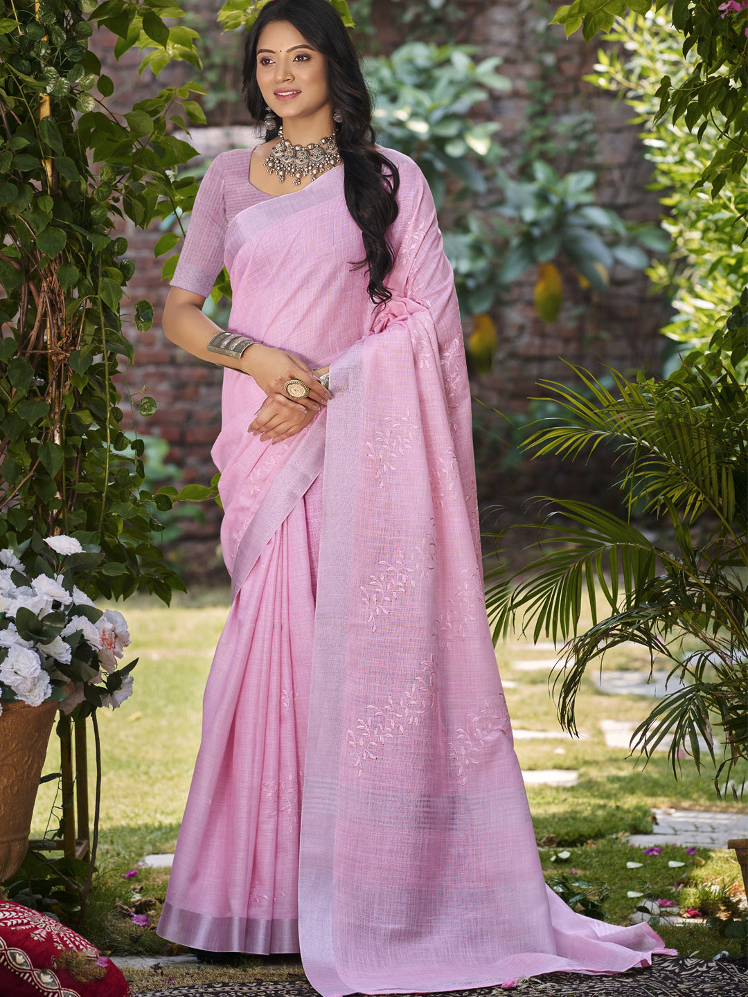 Lustrous Dark pink Linen Festival Saree for Women