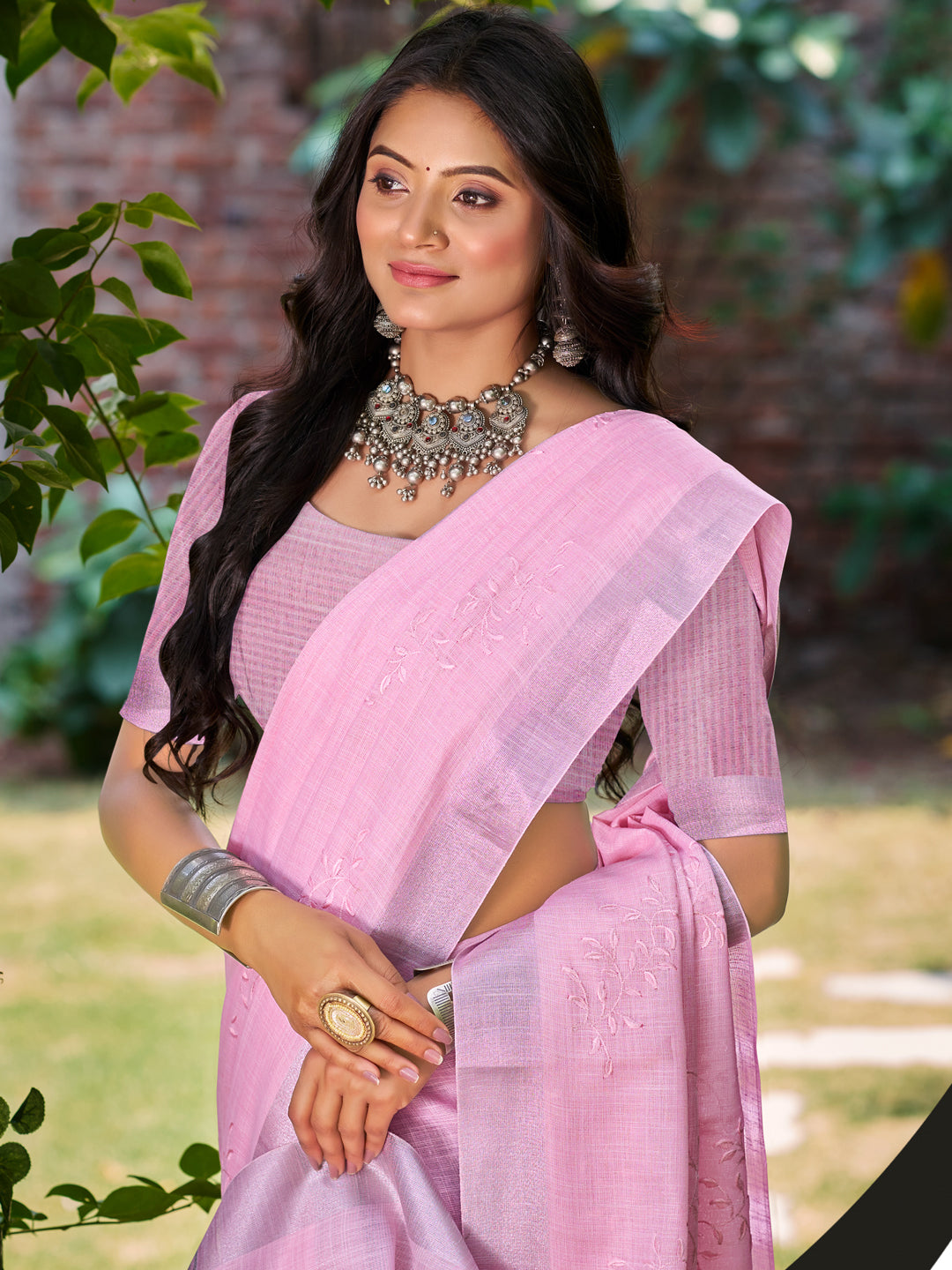 Lustrous Dark pink Linen Festival Saree for Women