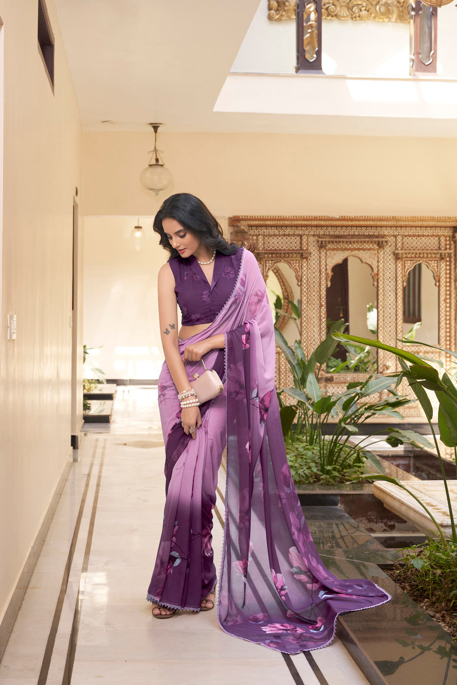 Luvender Floral Marble Saree with Lace Border