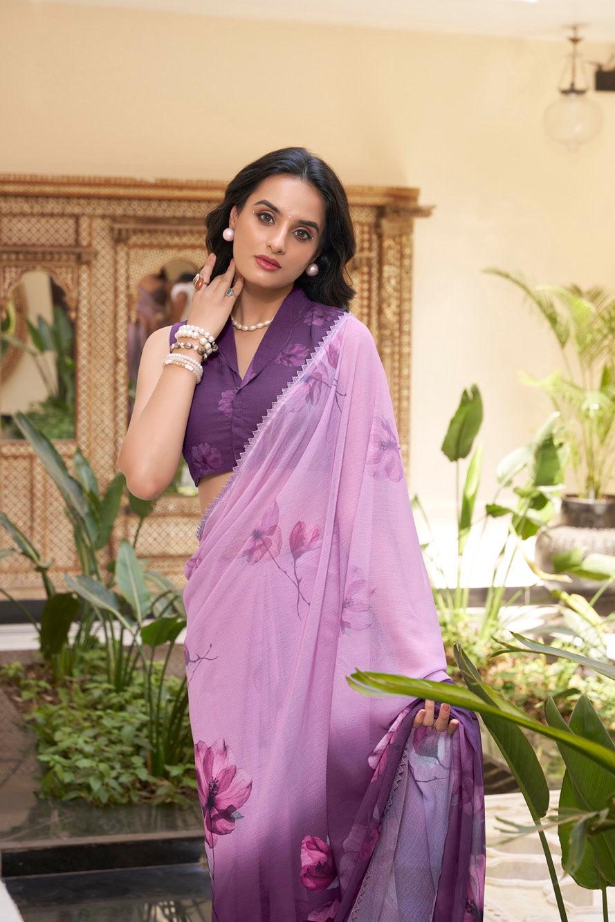 Luvender Floral Marble Saree with Lace Border