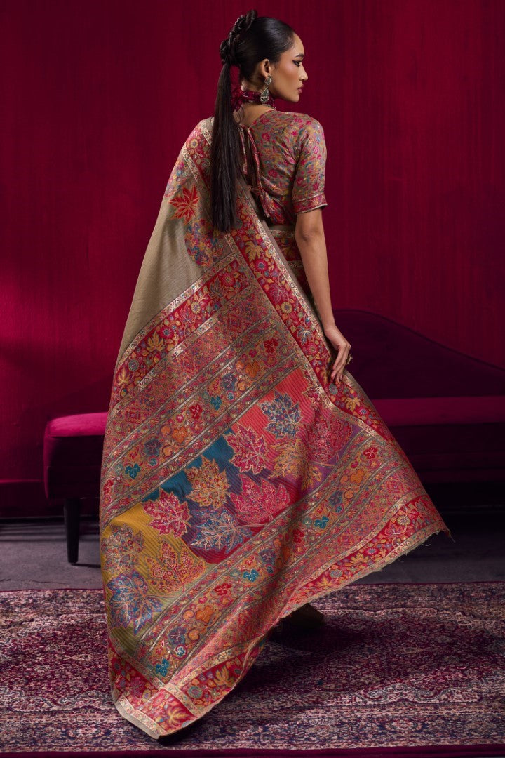 Luxurious Beige Modal Pashmina Saree with Handloom Zari Weaving