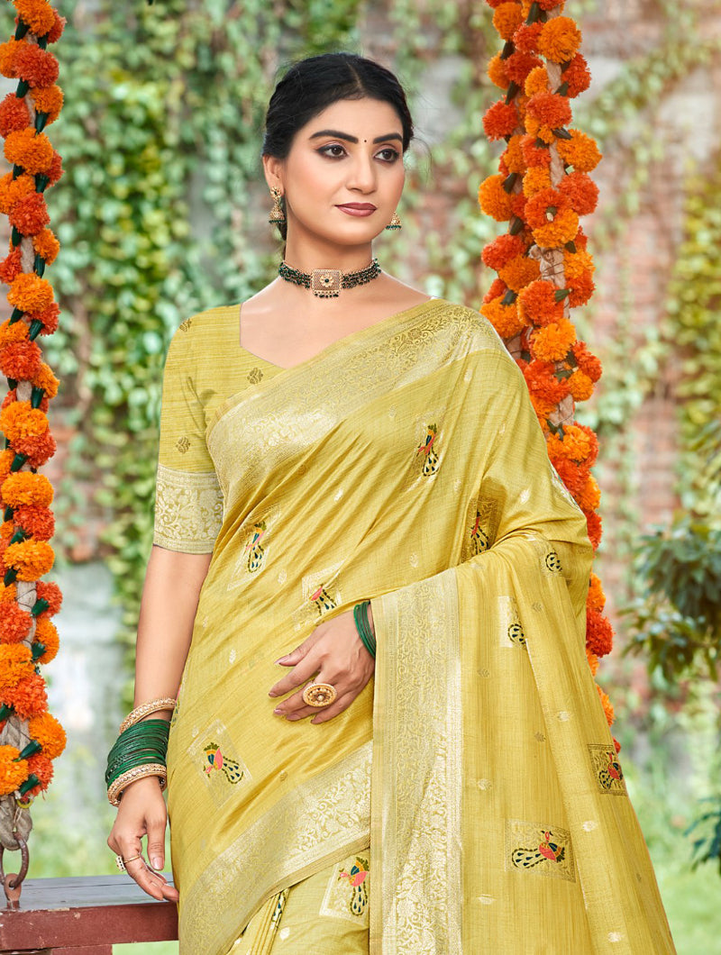 Luxurious Yellow Assam Silk Meenakari Festival Saree