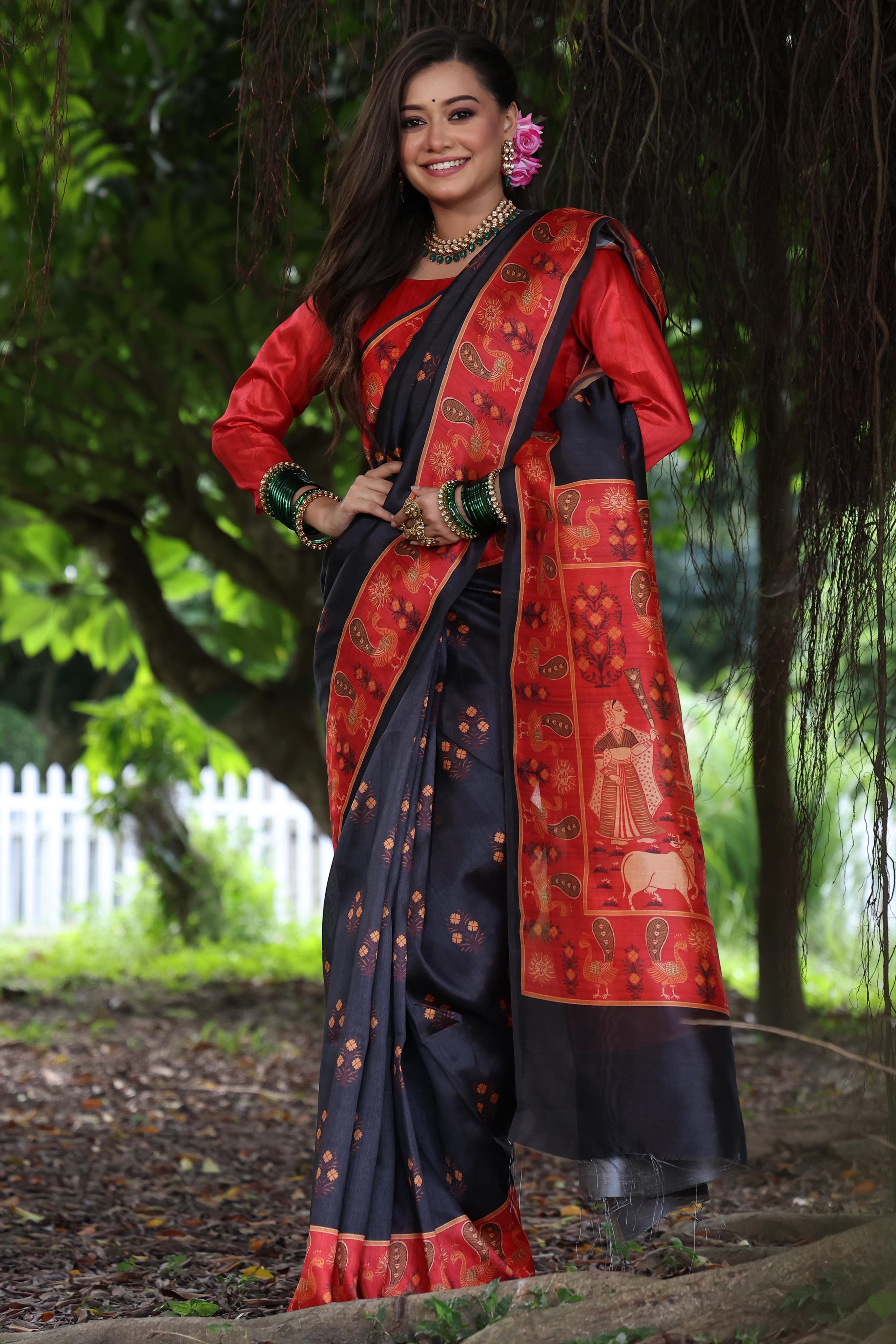 Luxury Black Tussar Silk Saree with Elegant Printed Work