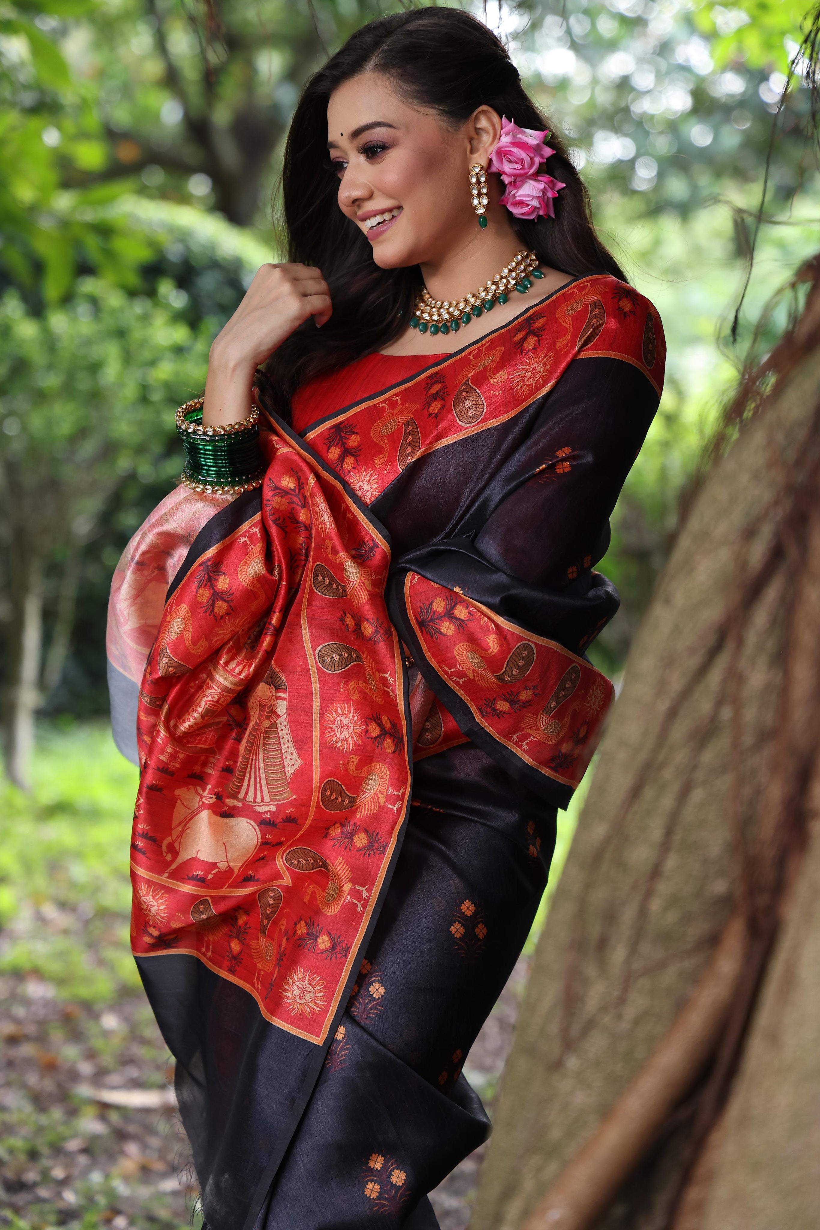 Luxury Black Tussar Silk Saree with Elegant Printed Work